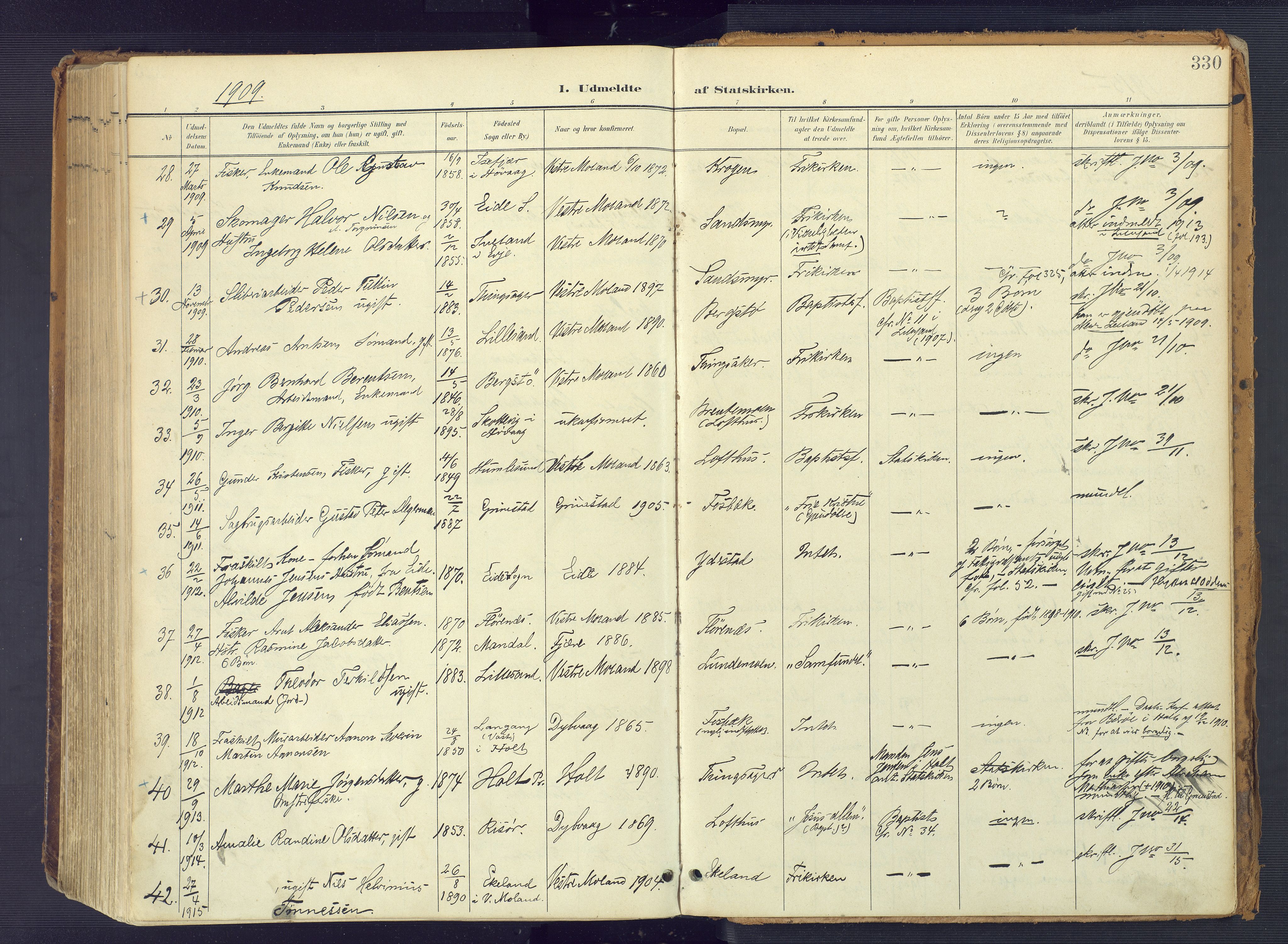 Vestre Moland sokneprestkontor, AV/SAK-1111-0046/F/Fa/Fab/L0010: Parish register (official) no. A 10, 1900-1926, p. 330