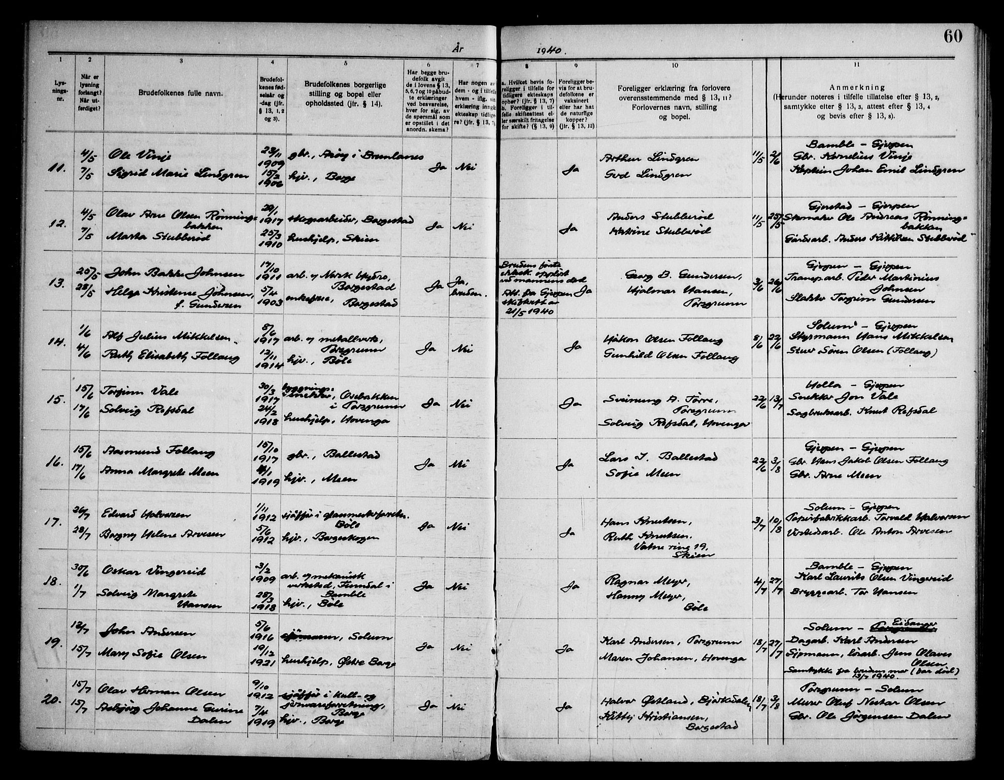 Gjerpen kirkebøker, SAKO/A-265/H/Hb/L0001: Banns register no. II 1, 1920-1950, p. 60