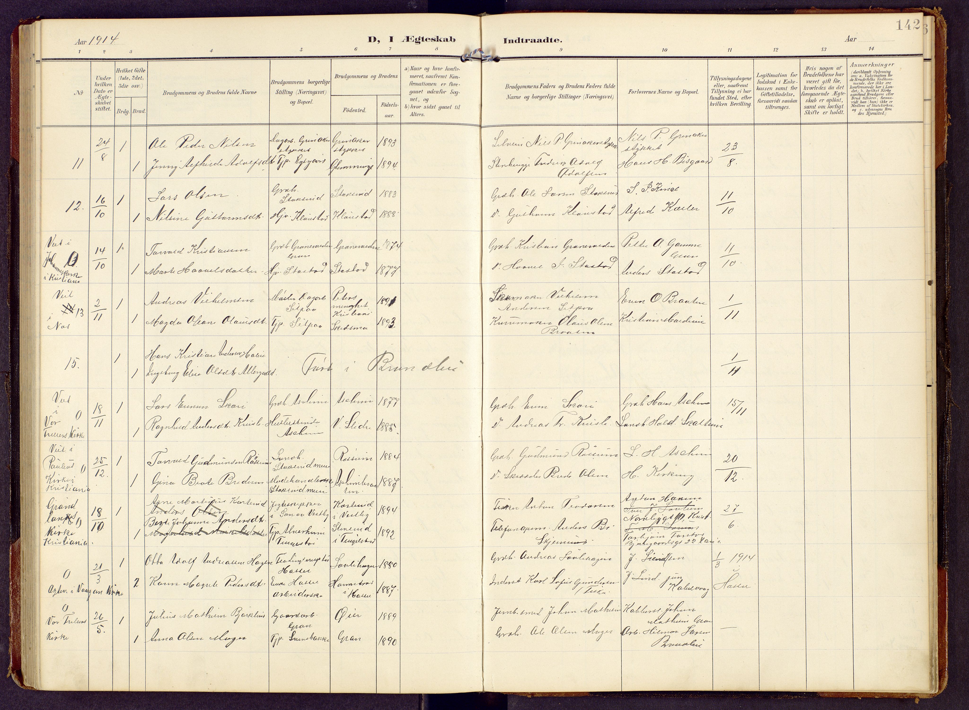 Brandbu prestekontor, SAH/PREST-114/H/Ha/Hab/L0009: Parish register (copy) no. 9, 1903-1916, p. 142