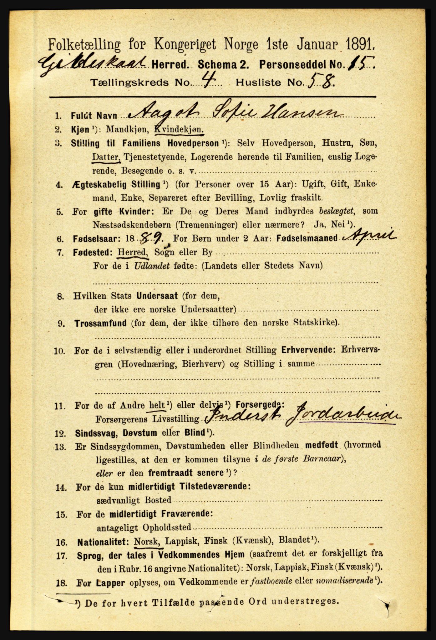 RA, 1891 census for 1838 Gildeskål, 1891, p. 1429