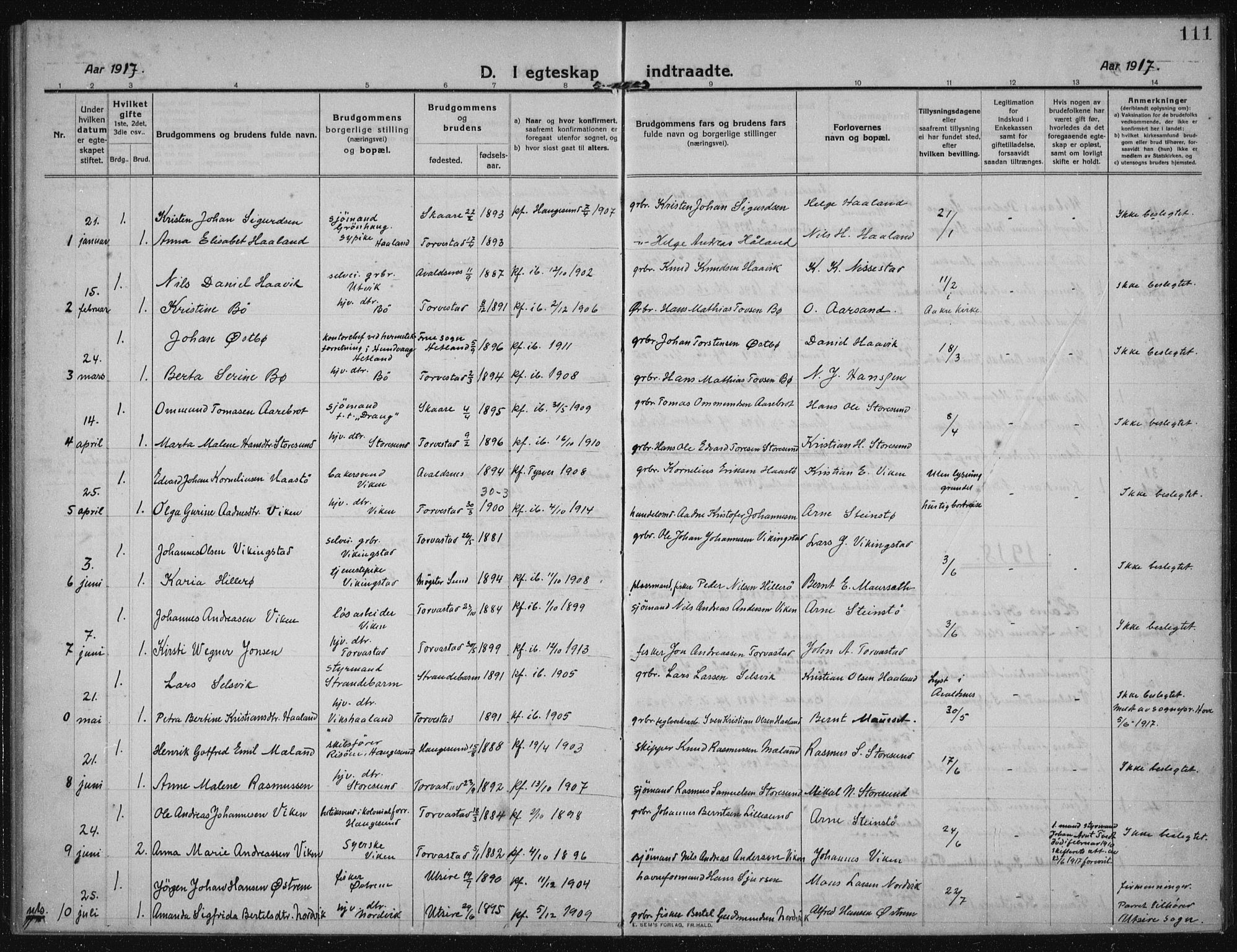 Torvastad sokneprestkontor, SAST/A -101857/H/Ha/Haa/L0019: Parish register (official) no. A 18, 1912-1920, p. 111