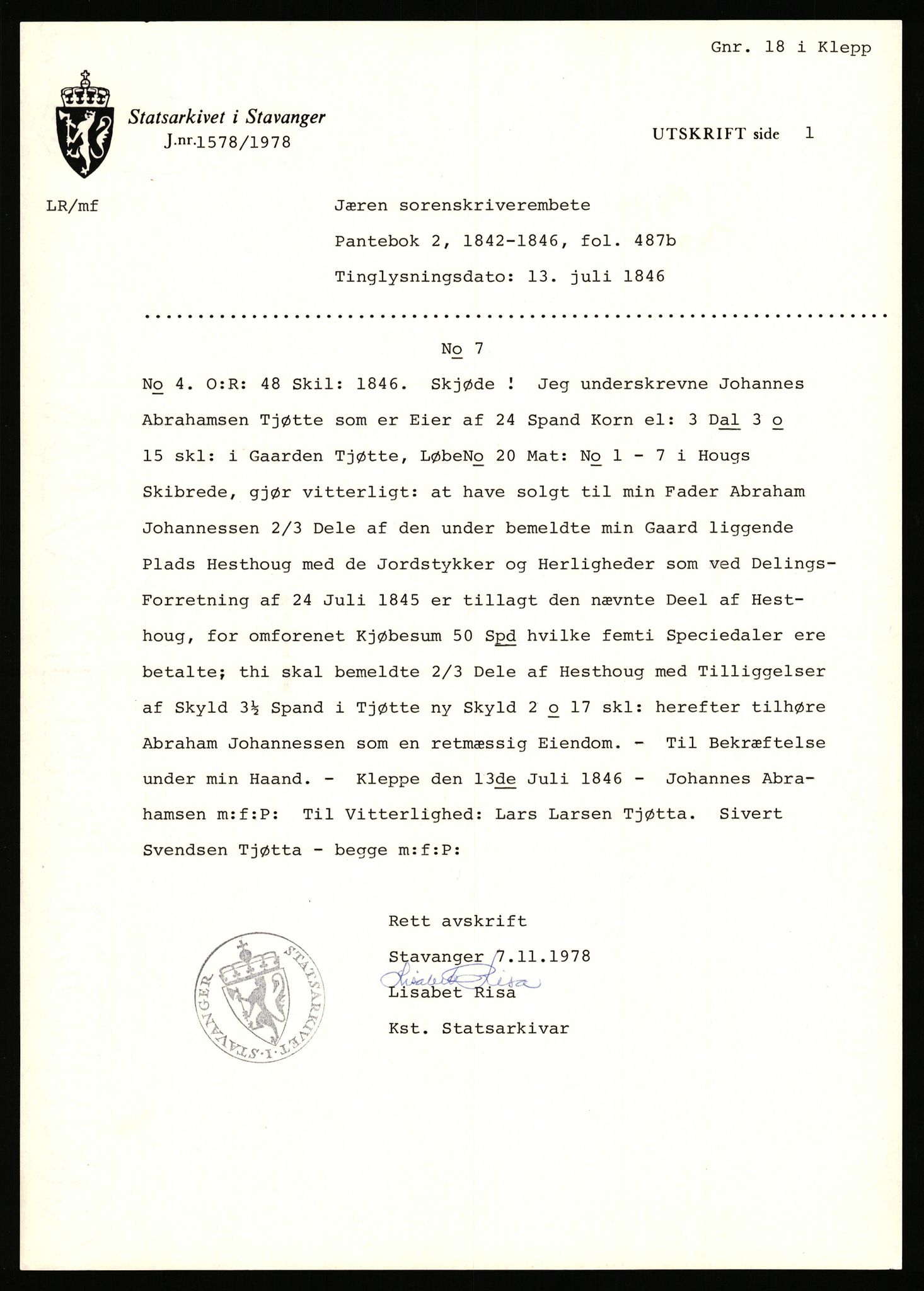 Statsarkivet i Stavanger, SAST/A-101971/03/Y/Yj/L0087: Avskrifter sortert etter gårdsnavn: Tjemsland nordre - Todhammer, 1750-1930, p. 504