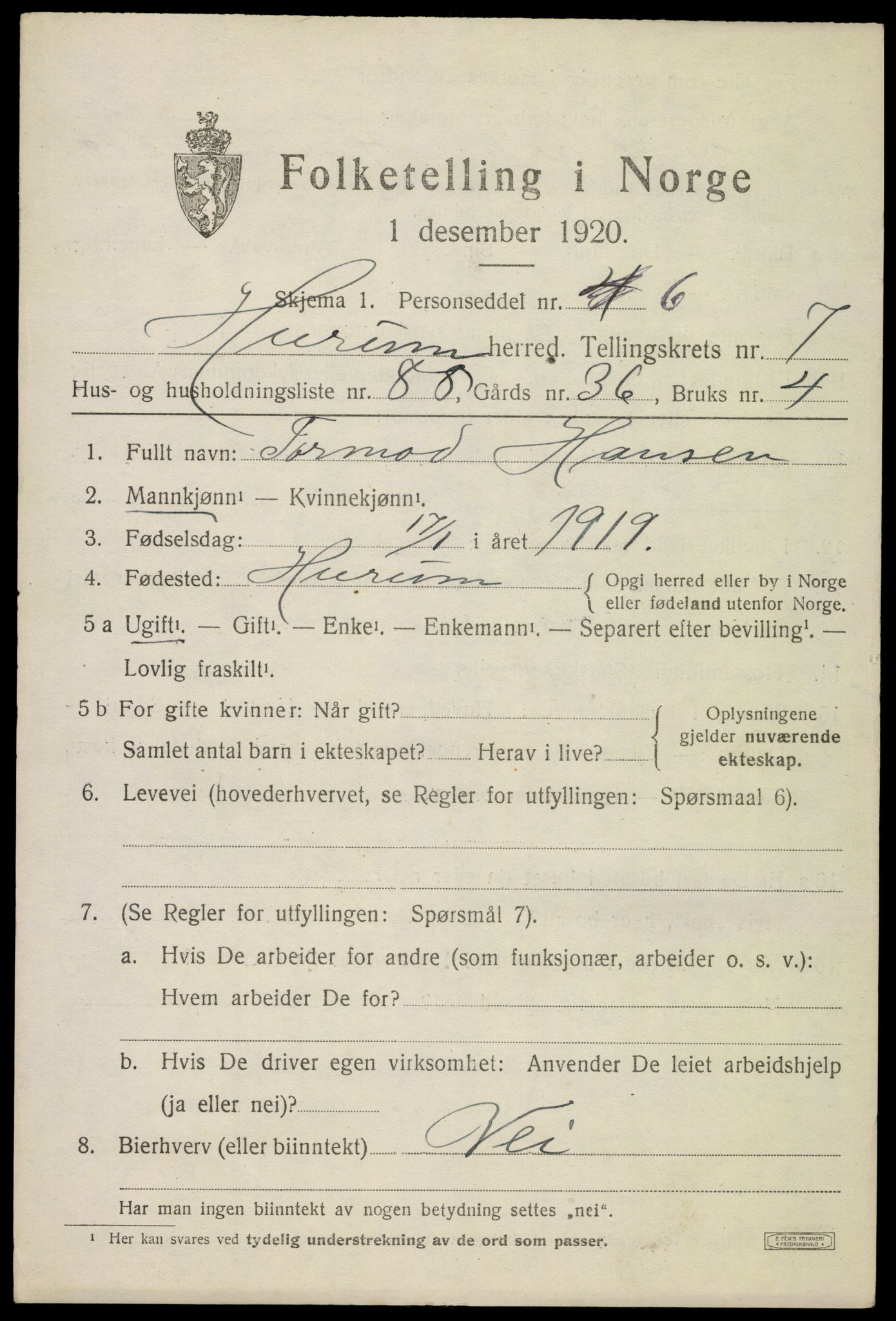 SAKO, 1920 census for Hurum, 1920, p. 10108