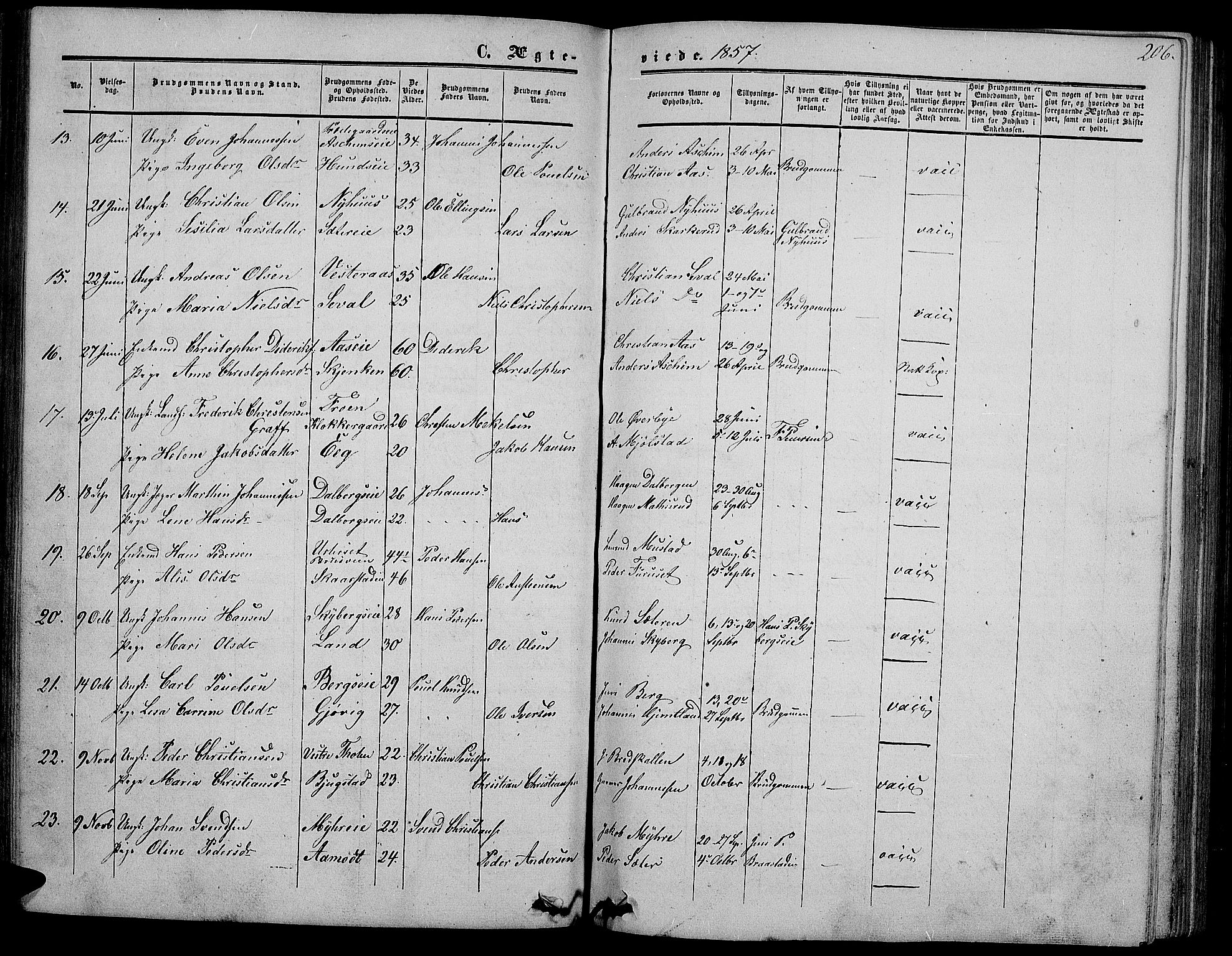 Vardal prestekontor, SAH/PREST-100/H/Ha/Hab/L0005: Parish register (copy) no. 5, 1854-1868, p. 206