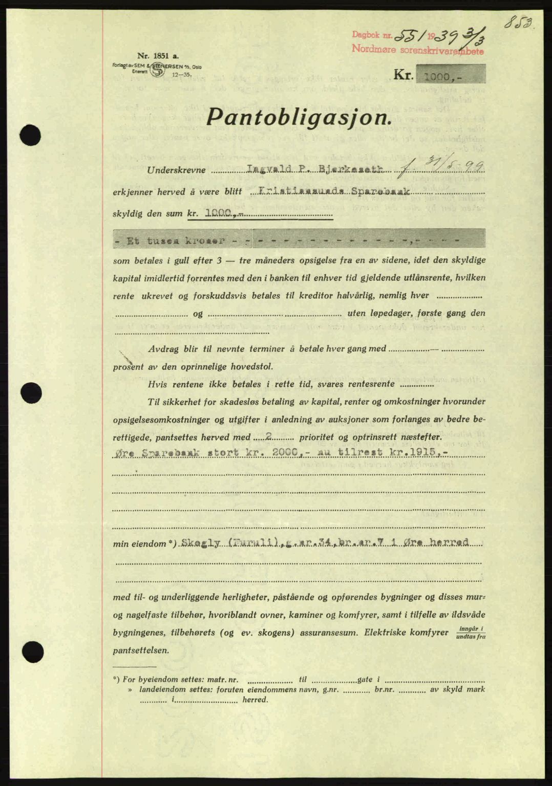 Nordmøre sorenskriveri, SAT/A-4132/1/2/2Ca: Mortgage book no. B84, 1938-1939, Diary no: : 551/1939