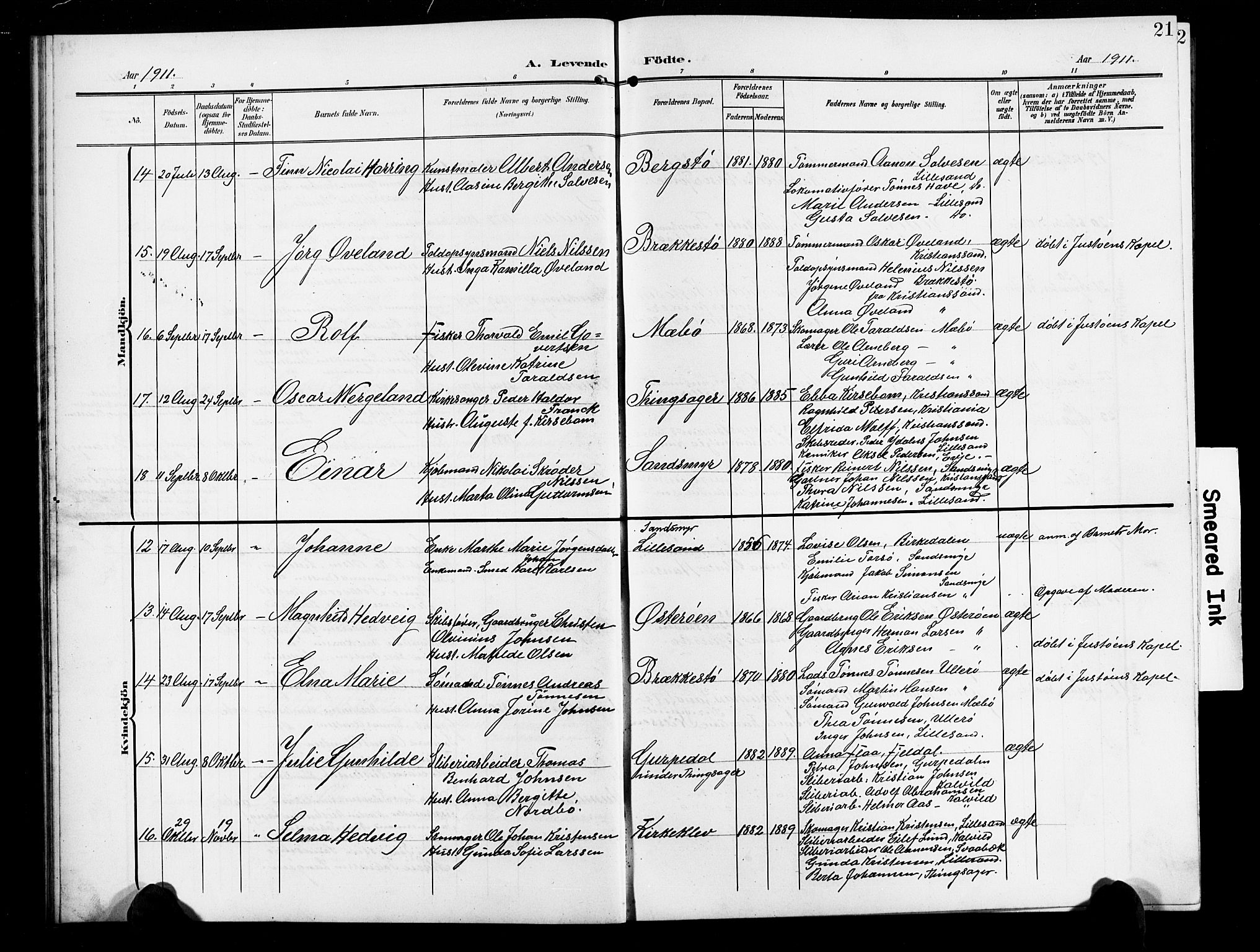 Vestre Moland sokneprestkontor, AV/SAK-1111-0046/F/Fb/Fbb/L0007: Parish register (copy) no. B 7, 1906-1929, p. 21