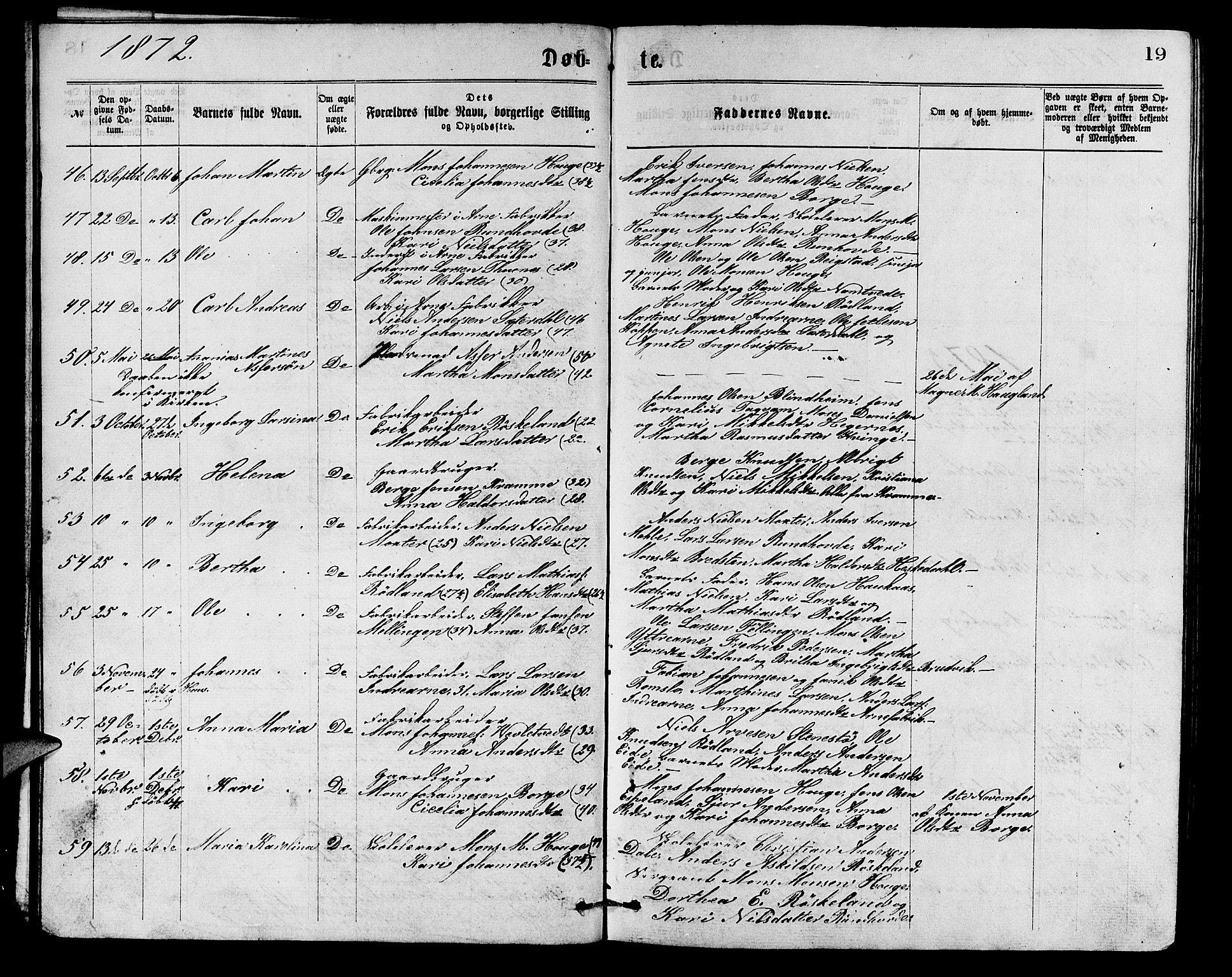 Arna Sokneprestembete, SAB/A-74001/H/Ha/Hab: Parish register (copy) no. A 1, 1869-1879, p. 19