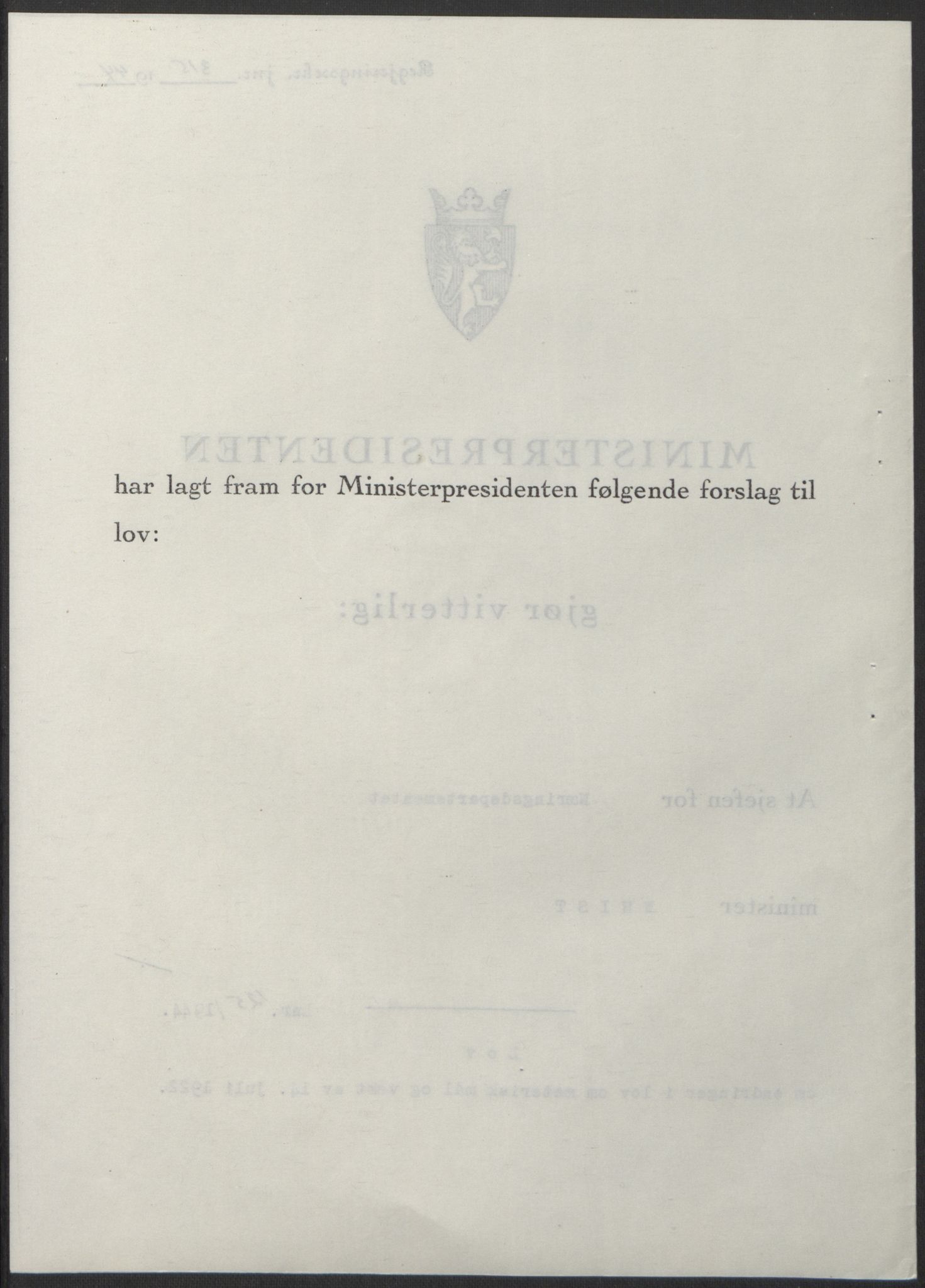 NS-administrasjonen 1940-1945 (Statsrådsekretariatet, de kommisariske statsråder mm), AV/RA-S-4279/D/Db/L0100: Lover, 1944, p. 591