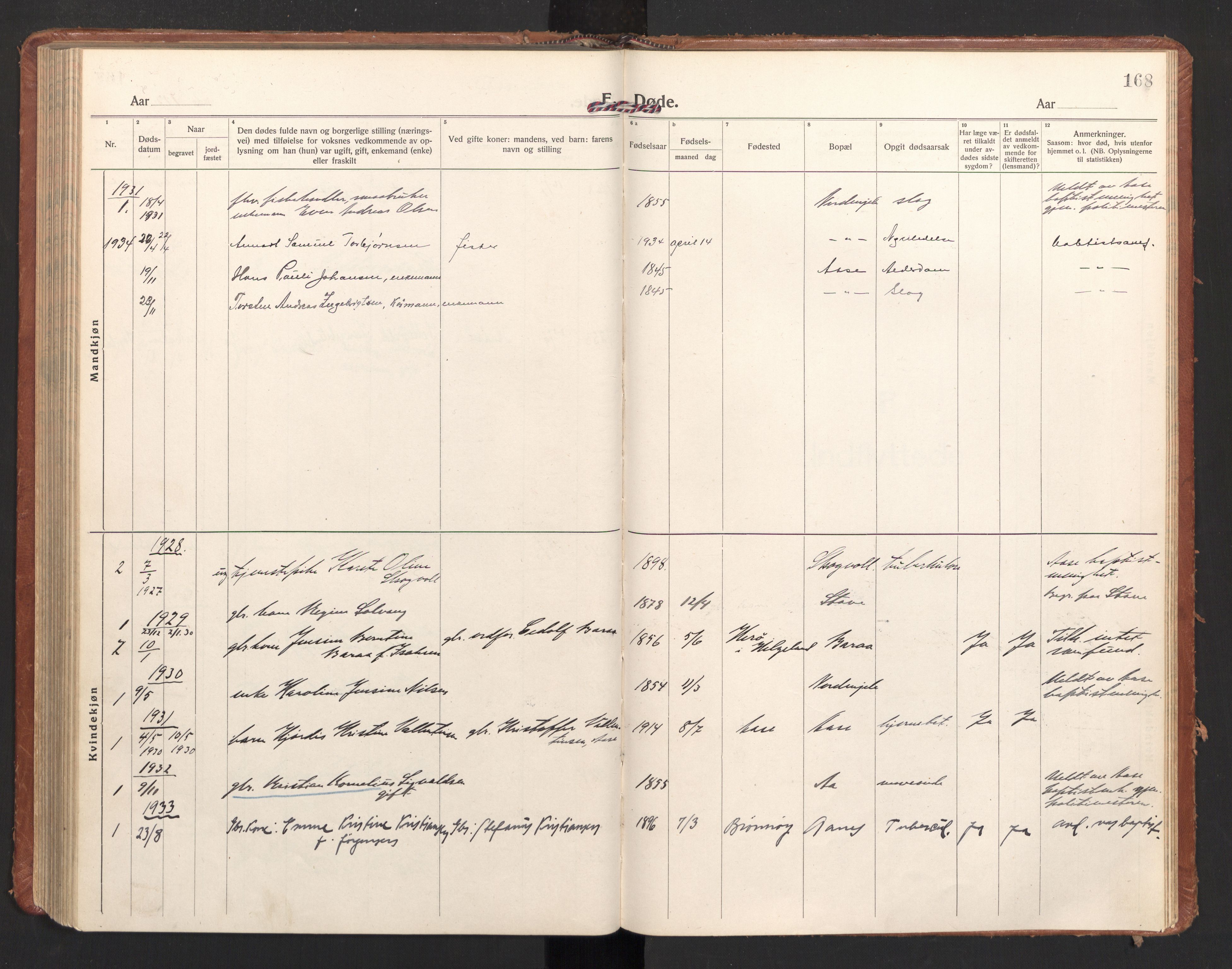 Ministerialprotokoller, klokkerbøker og fødselsregistre - Nordland, AV/SAT-A-1459/897/L1408: Parish register (official) no. 897A15, 1922-1938, p. 168