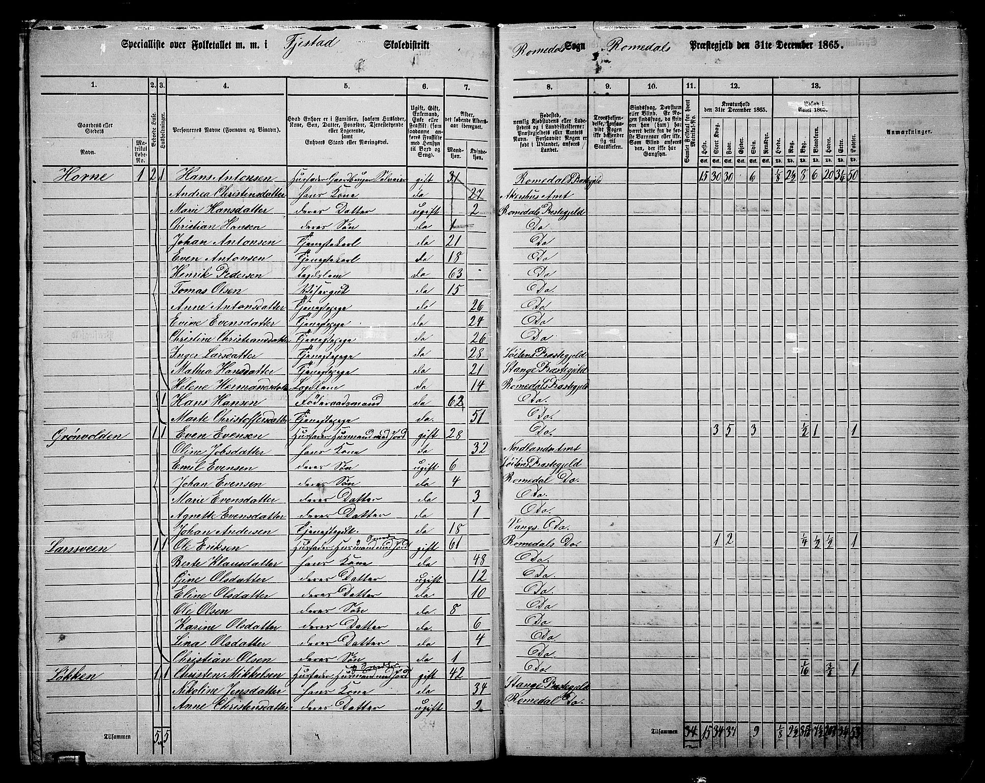 RA, 1865 census for Romedal, 1865, p. 15