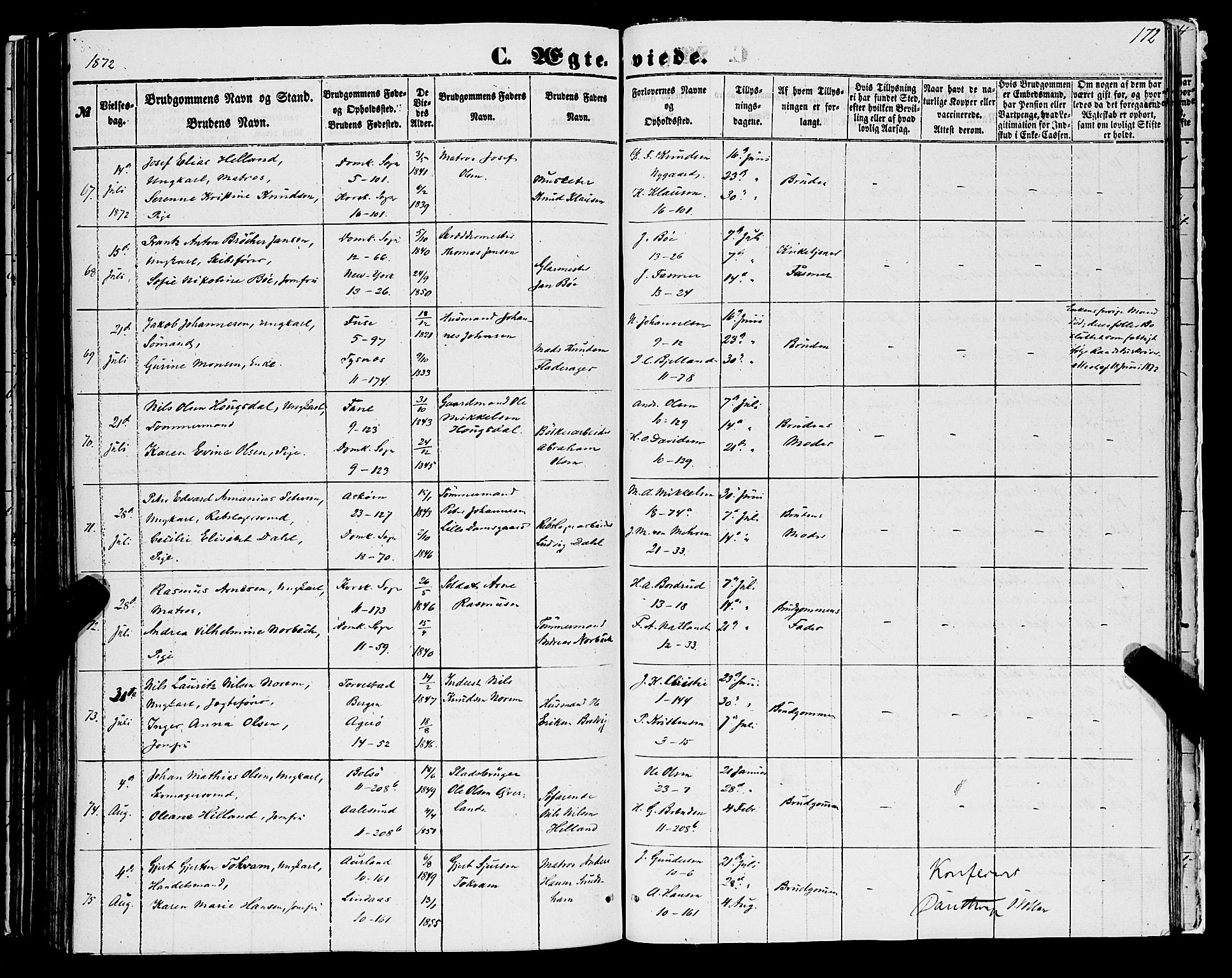 Domkirken sokneprestembete, SAB/A-74801/H/Haa/L0034: Parish register (official) no. D 2, 1853-1874, p. 172