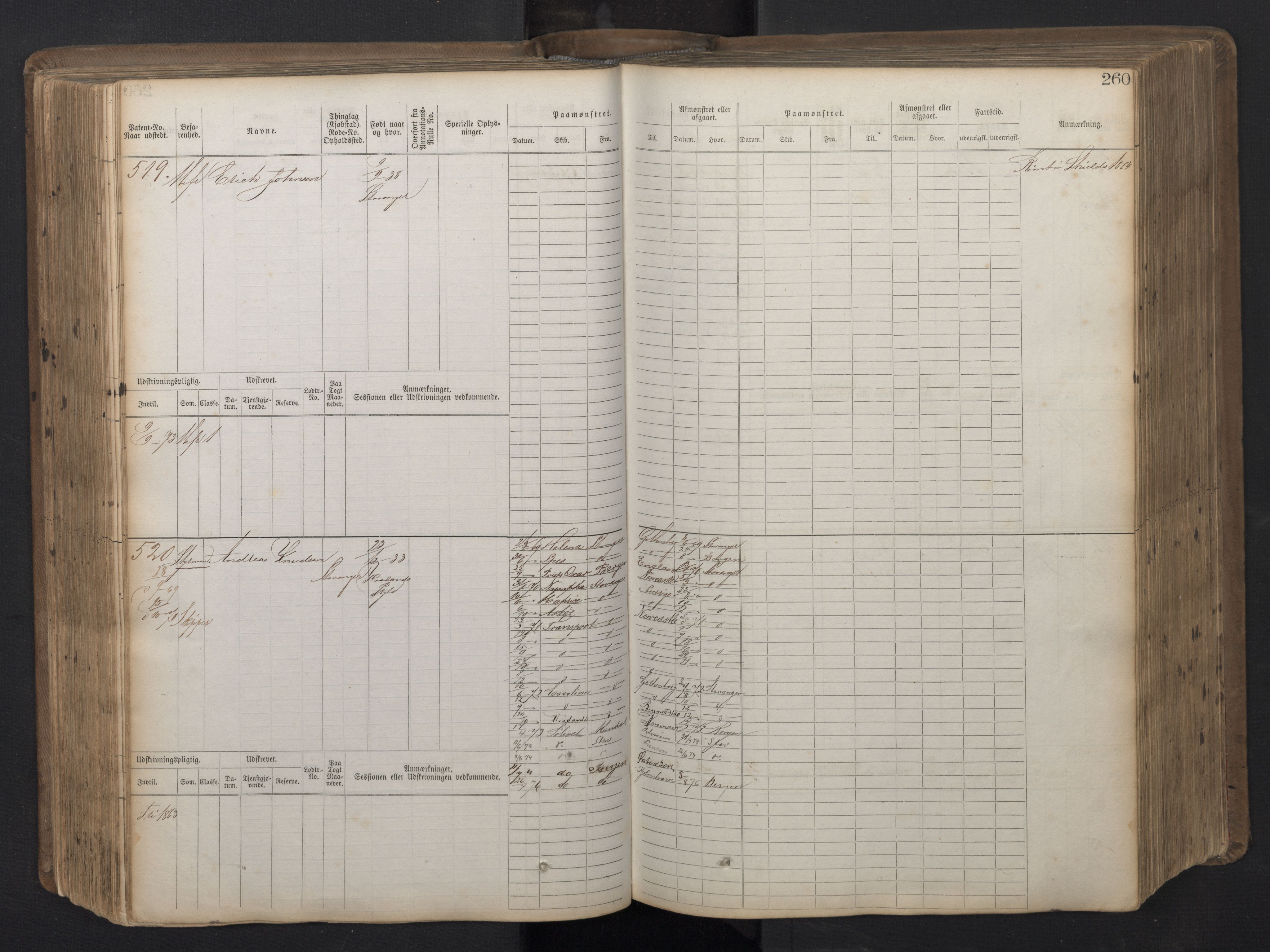 Stavanger sjømannskontor, AV/SAST-A-102006/F/Fb/Fbb/L0016: Sjøfartshovedrulle patnentnr. 1-1202 (dublett), 1869, p. 260