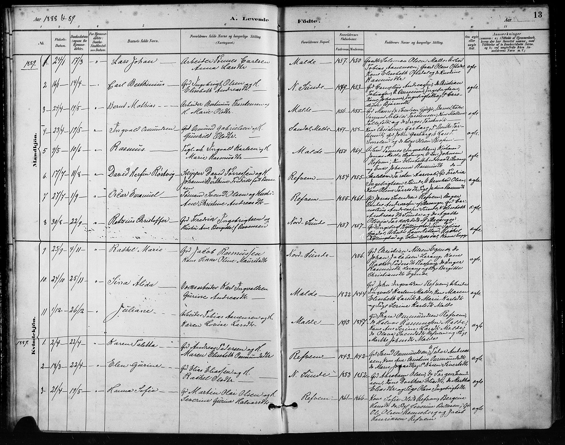 Håland sokneprestkontor, SAST/A-101802/001/30BA/L0011: Parish register (official) no. A 10, 1883-1900, p. 13
