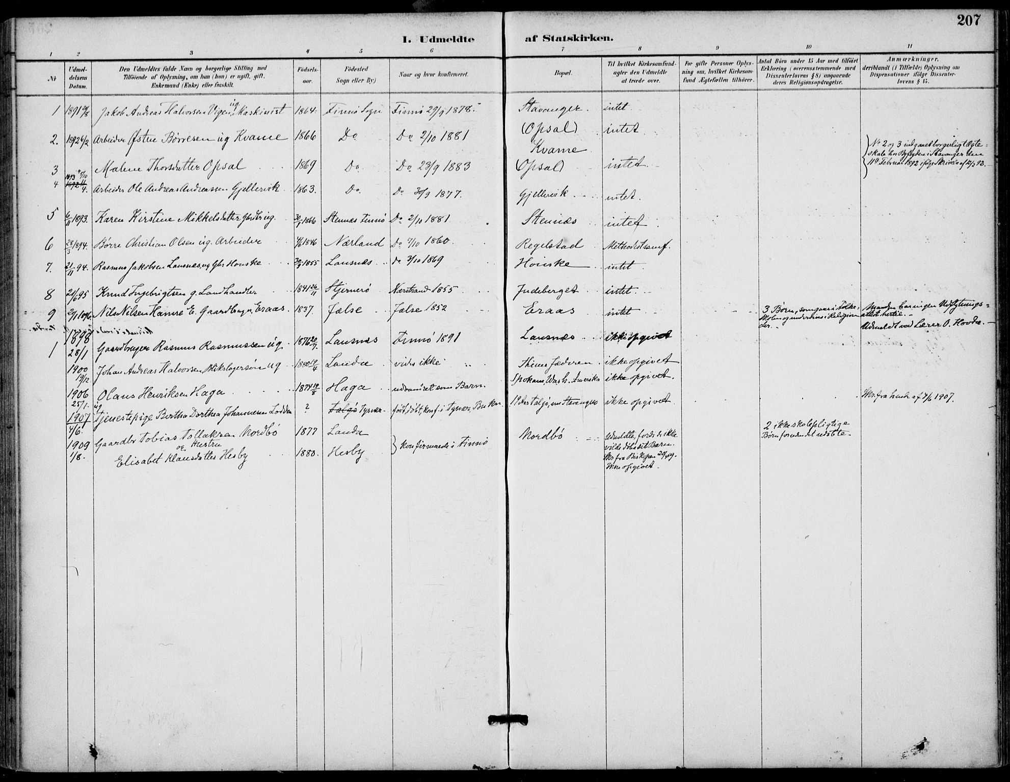 Finnøy sokneprestkontor, SAST/A-101825/H/Ha/Haa/L0011: Parish register (official) no. A 11, 1891-1910, p. 207
