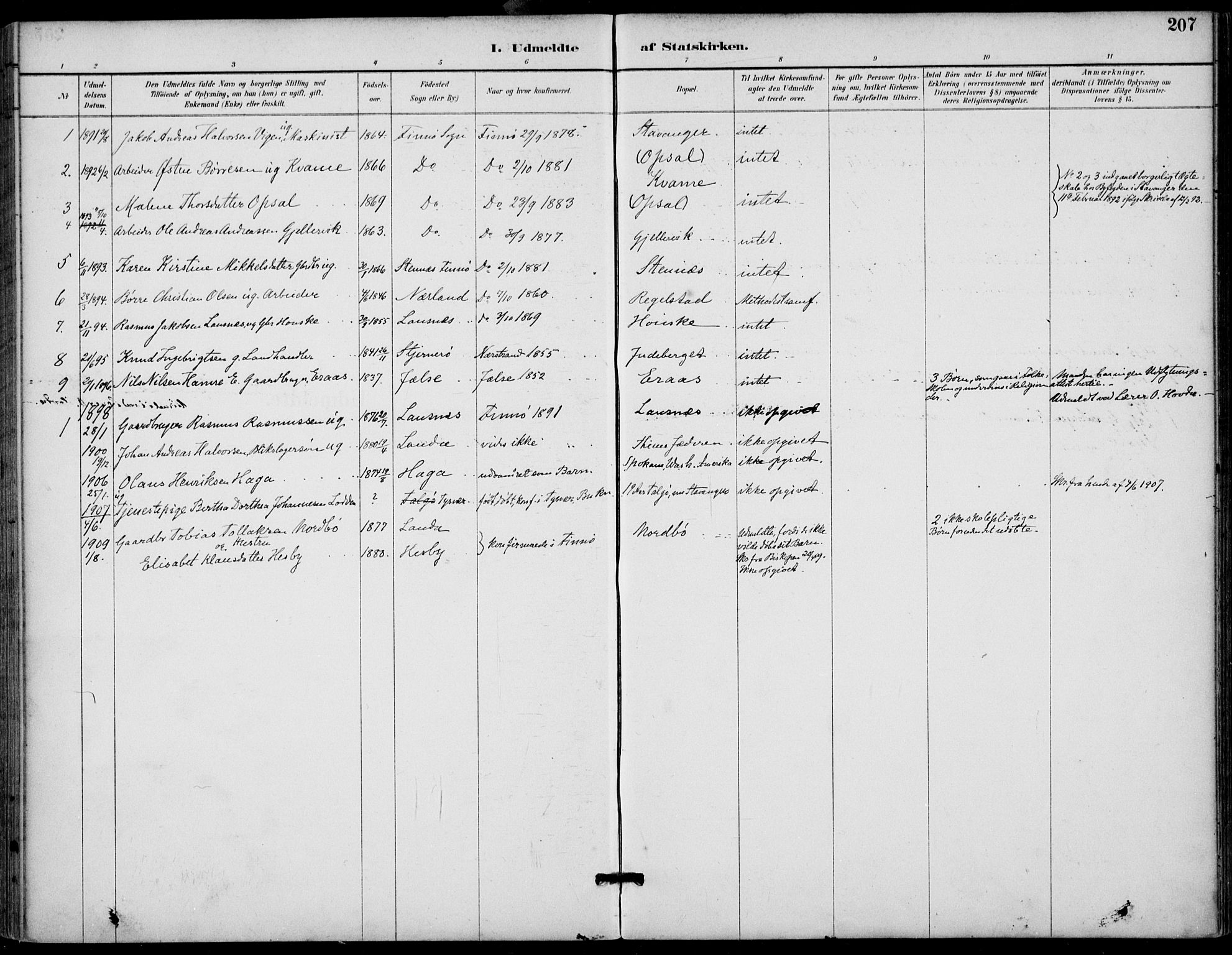 Finnøy sokneprestkontor, AV/SAST-A-101825/H/Ha/Haa/L0011: Parish register (official) no. A 11, 1891-1910, p. 207