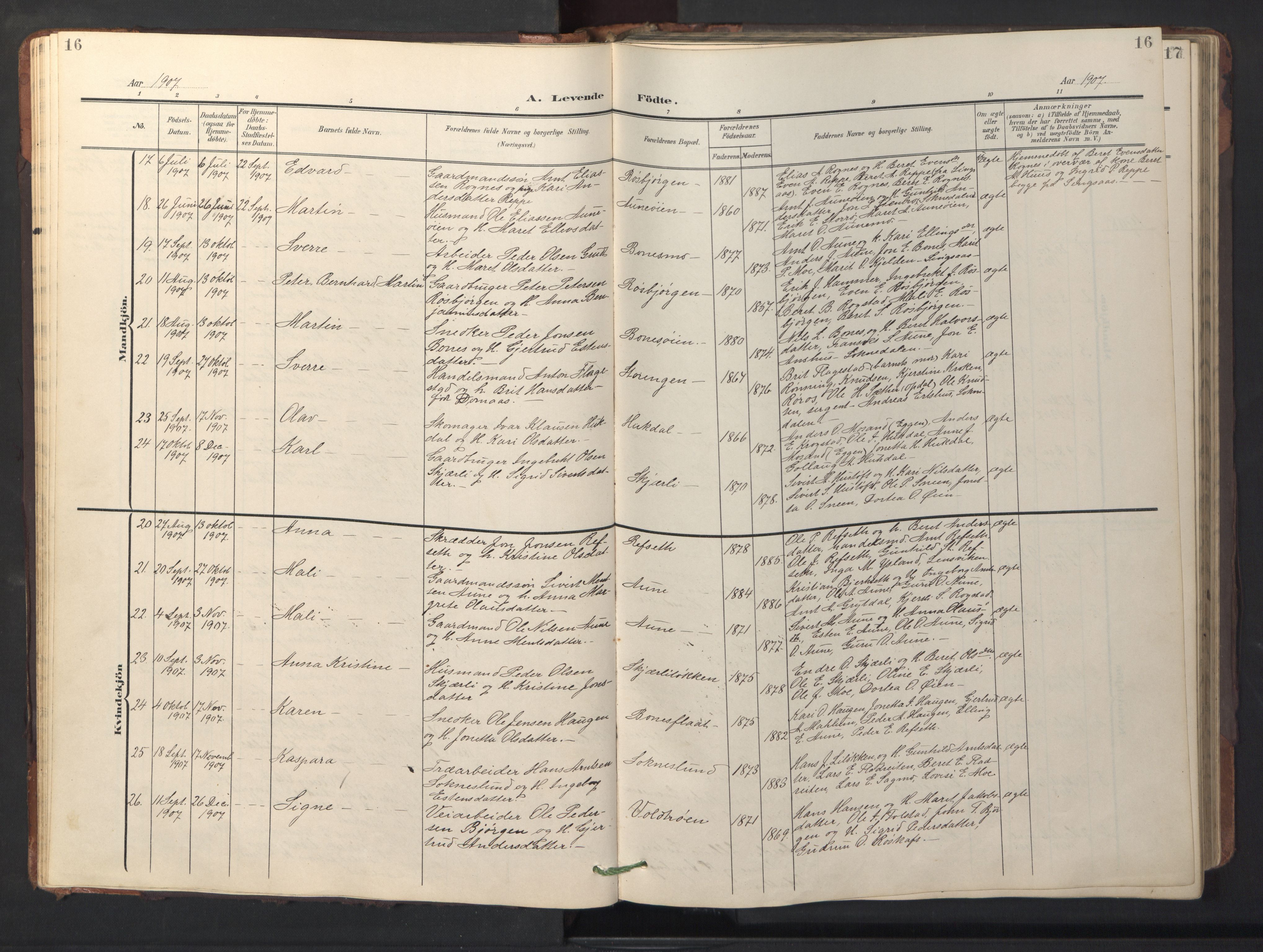 Ministerialprotokoller, klokkerbøker og fødselsregistre - Sør-Trøndelag, SAT/A-1456/687/L1019: Parish register (copy) no. 687C03, 1904-1931, p. 16