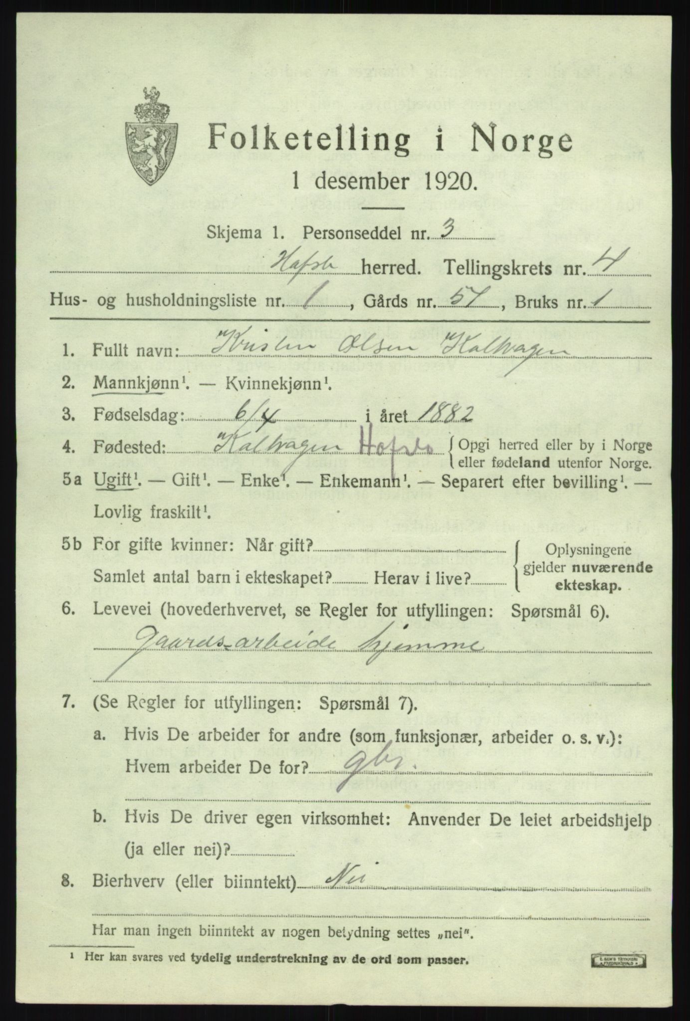 SAB, 1920 census for Hafslo, 1920, p. 2630