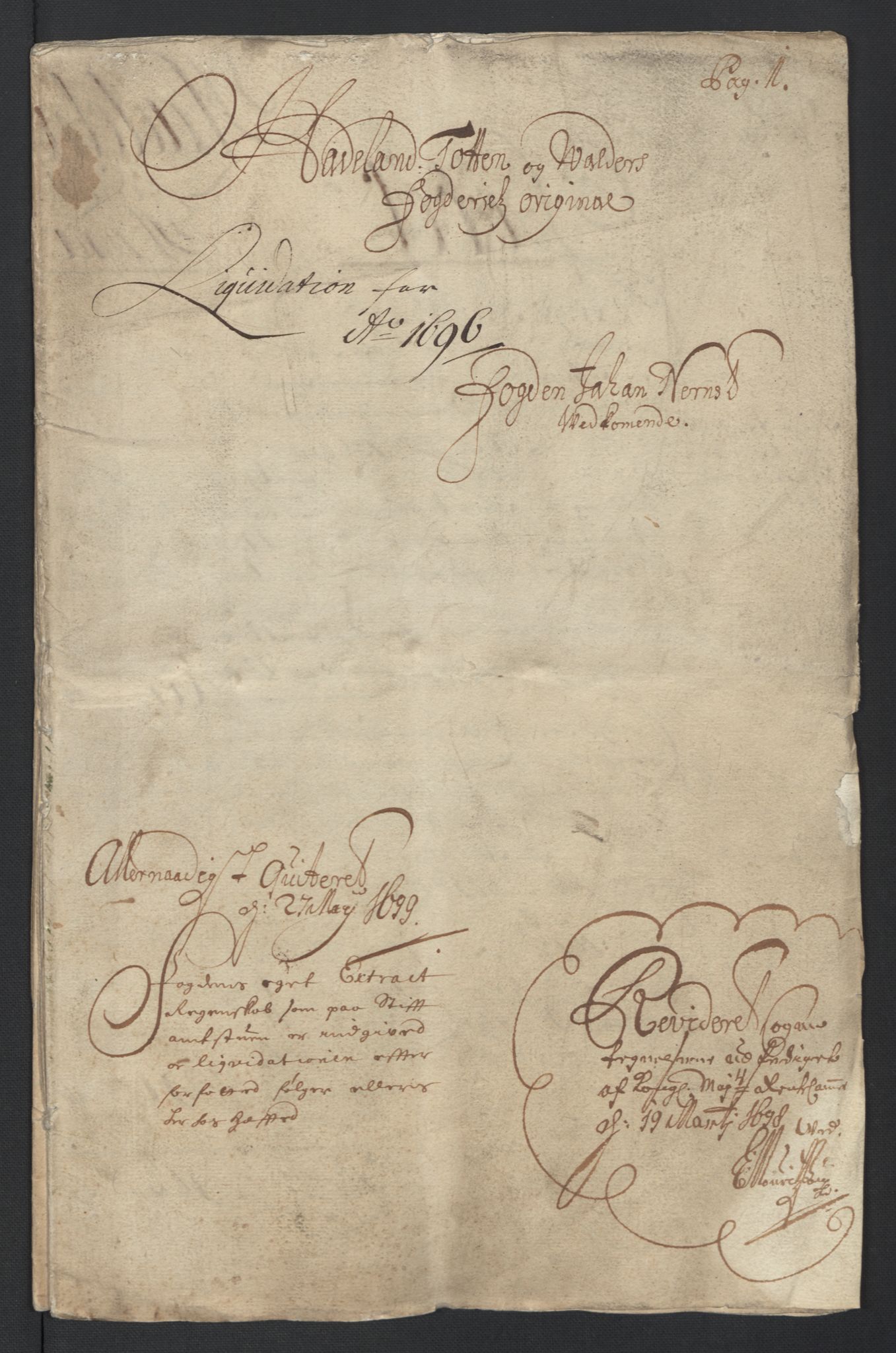 Rentekammeret inntil 1814, Reviderte regnskaper, Fogderegnskap, RA/EA-4092/R18/L1294: Fogderegnskap Hadeland, Toten og Valdres, 1696, p. 3