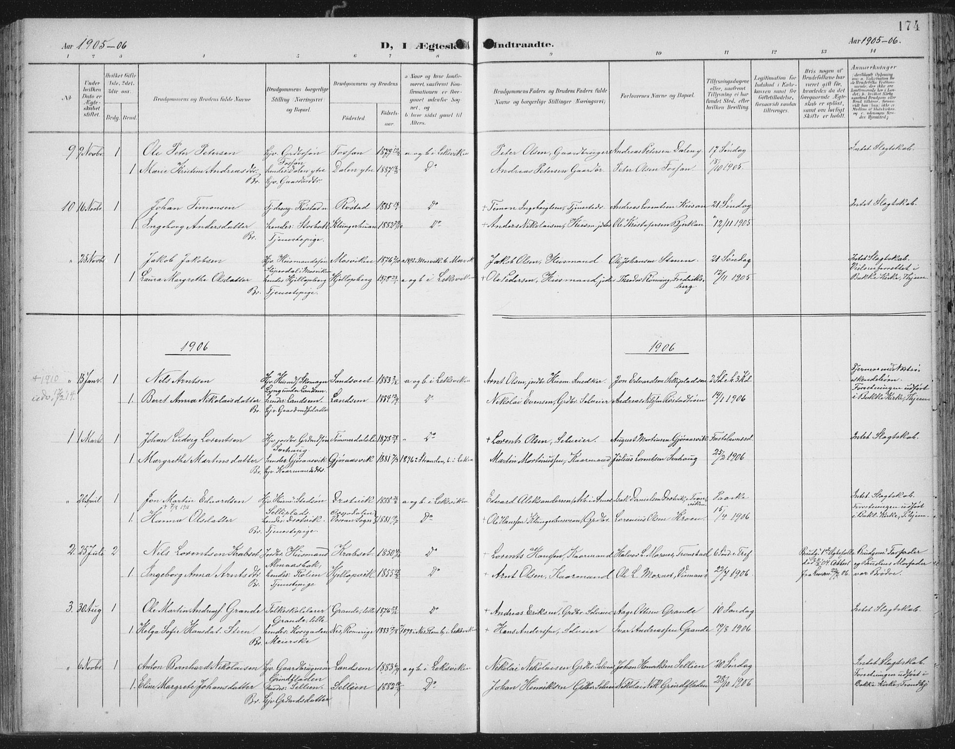 Ministerialprotokoller, klokkerbøker og fødselsregistre - Nord-Trøndelag, AV/SAT-A-1458/701/L0011: Parish register (official) no. 701A11, 1899-1915, p. 174