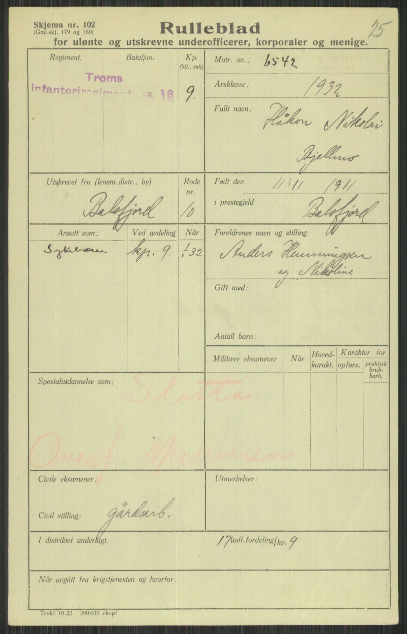 Forsvaret, Troms infanteriregiment nr. 16, AV/RA-RAFA-3146/P/Pa/L0016: Rulleblad for regimentets menige mannskaper, årsklasse 1932, 1932, p. 133