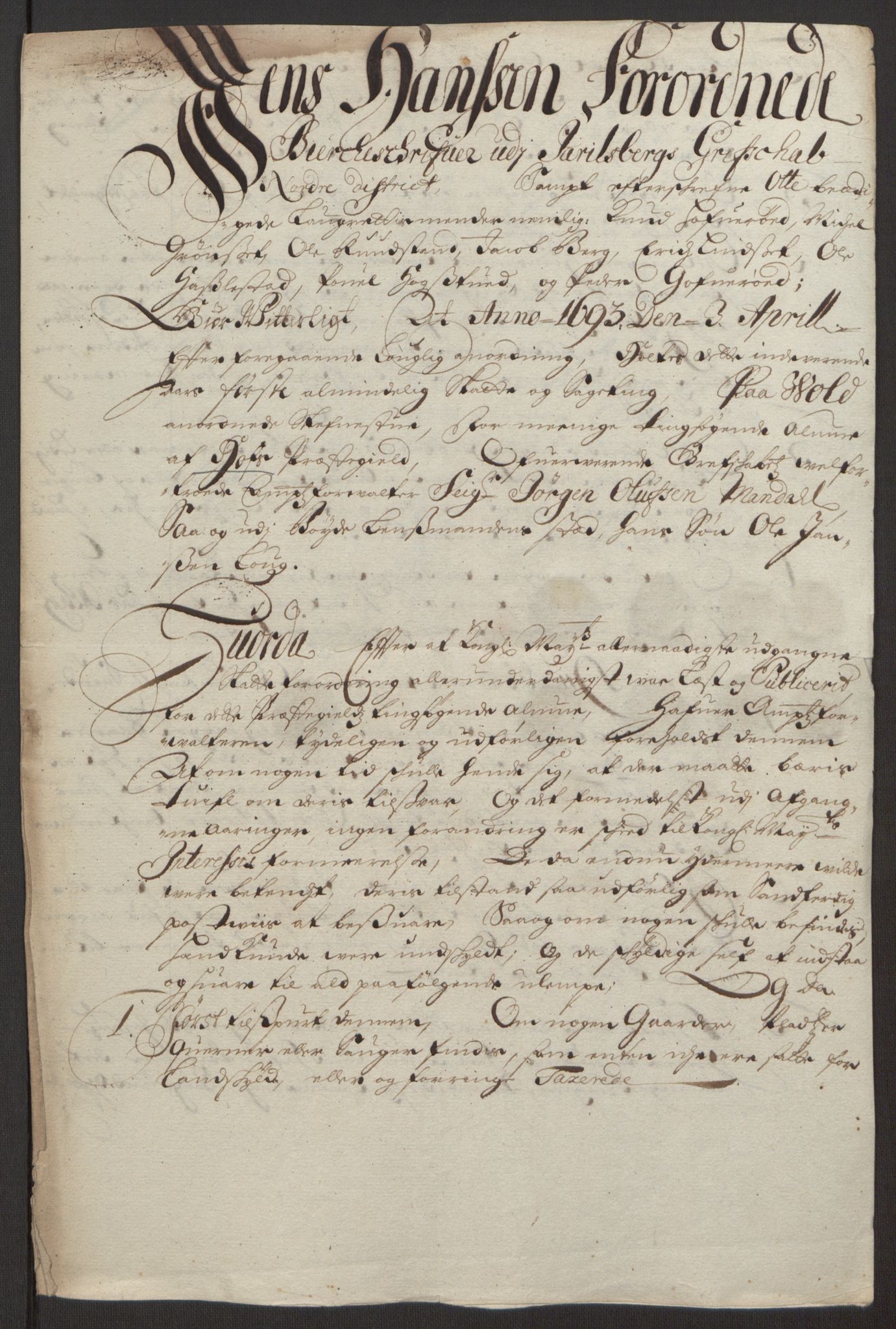 Rentekammeret inntil 1814, Reviderte regnskaper, Fogderegnskap, AV/RA-EA-4092/R32/L1866: Fogderegnskap Jarlsberg grevskap, 1693, p. 394