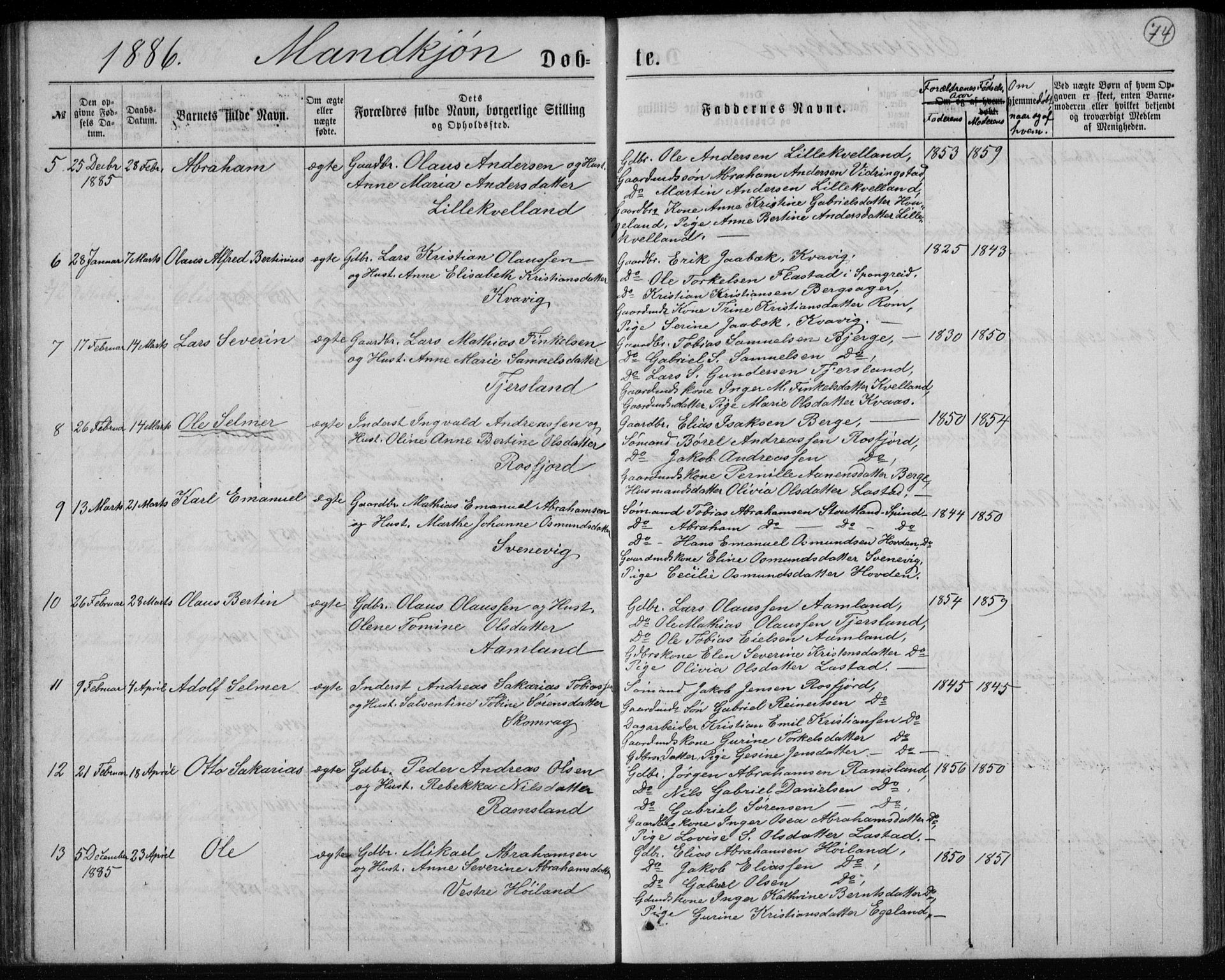 Lyngdal sokneprestkontor, SAK/1111-0029/F/Fb/Fbc/L0004: Parish register (copy) no. B 4, 1878-1896, p. 74