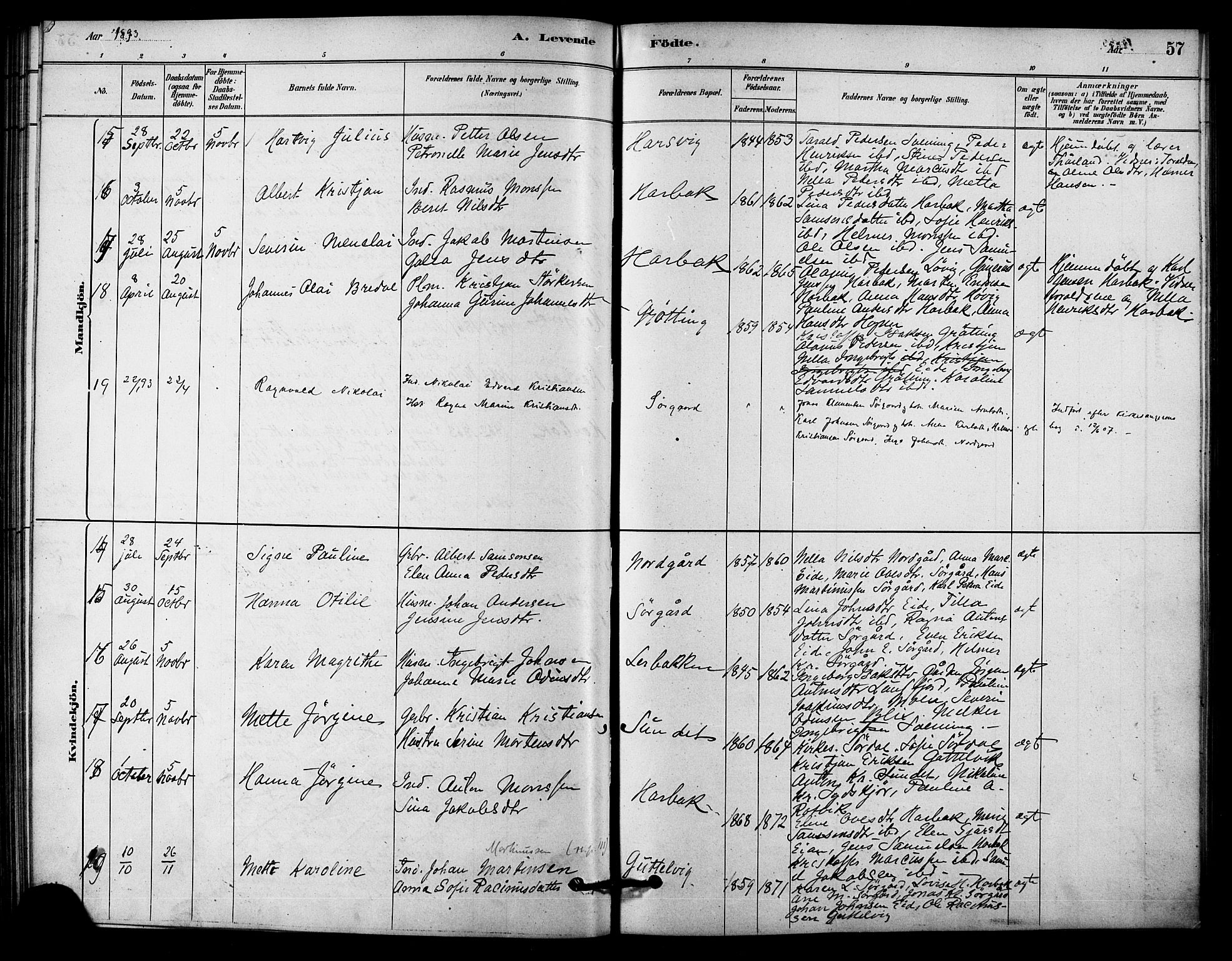 Ministerialprotokoller, klokkerbøker og fødselsregistre - Sør-Trøndelag, SAT/A-1456/656/L0692: Parish register (official) no. 656A01, 1879-1893, p. 57