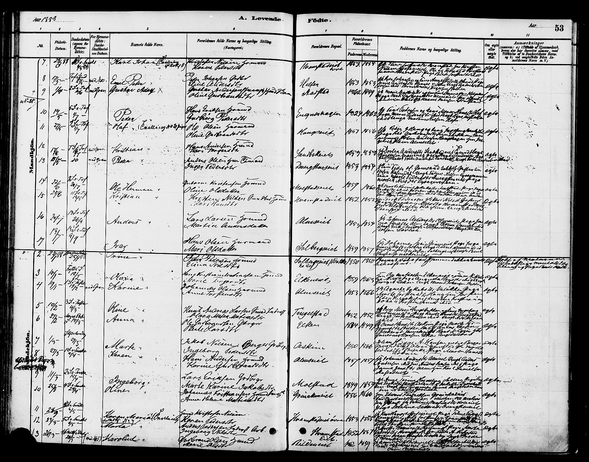 Gran prestekontor, SAH/PREST-112/H/Ha/Haa/L0016: Parish register (official) no. 16, 1880-1888, p. 53