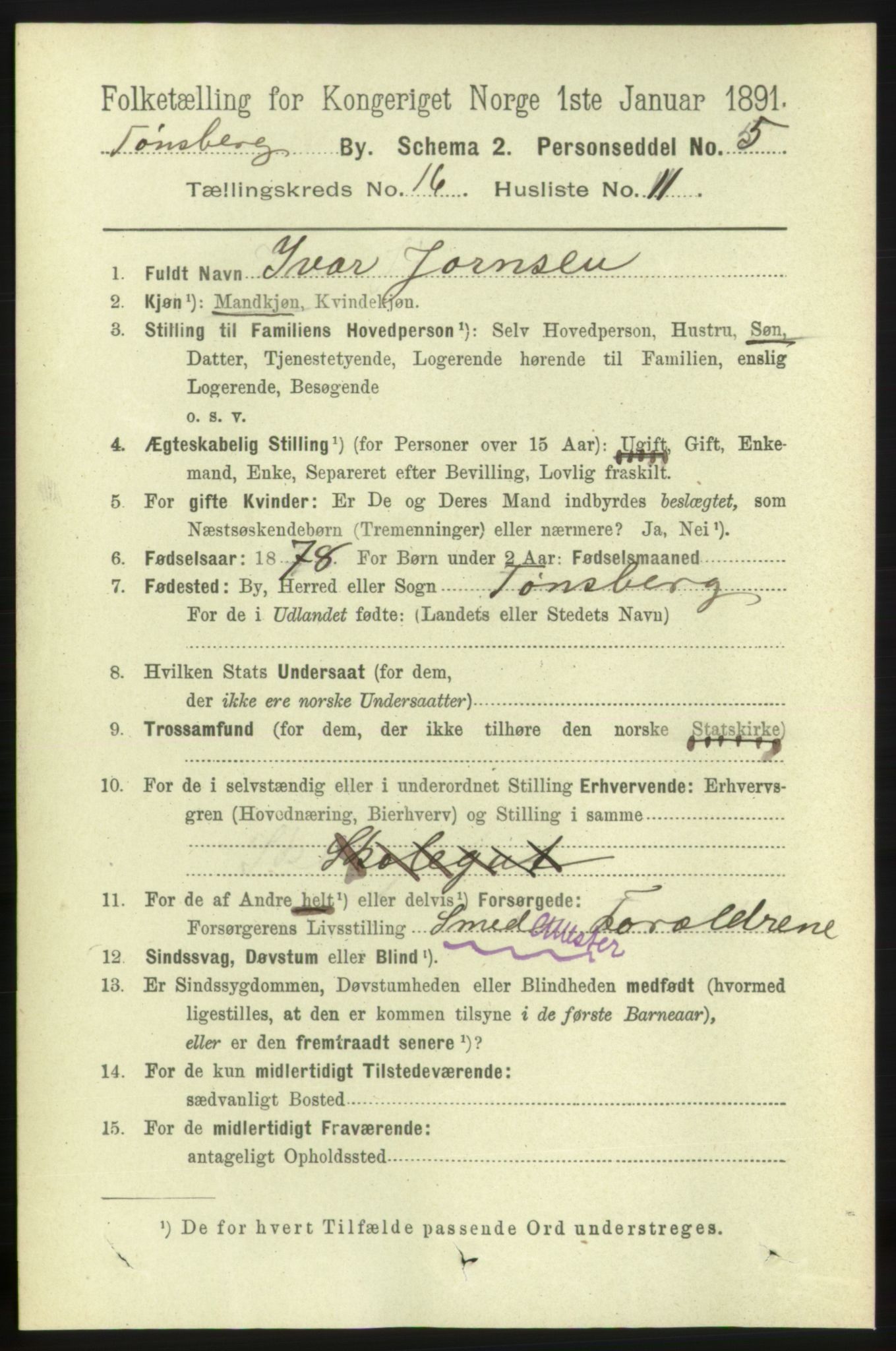 RA, 1891 census for 0705 Tønsberg, 1891, p. 4924