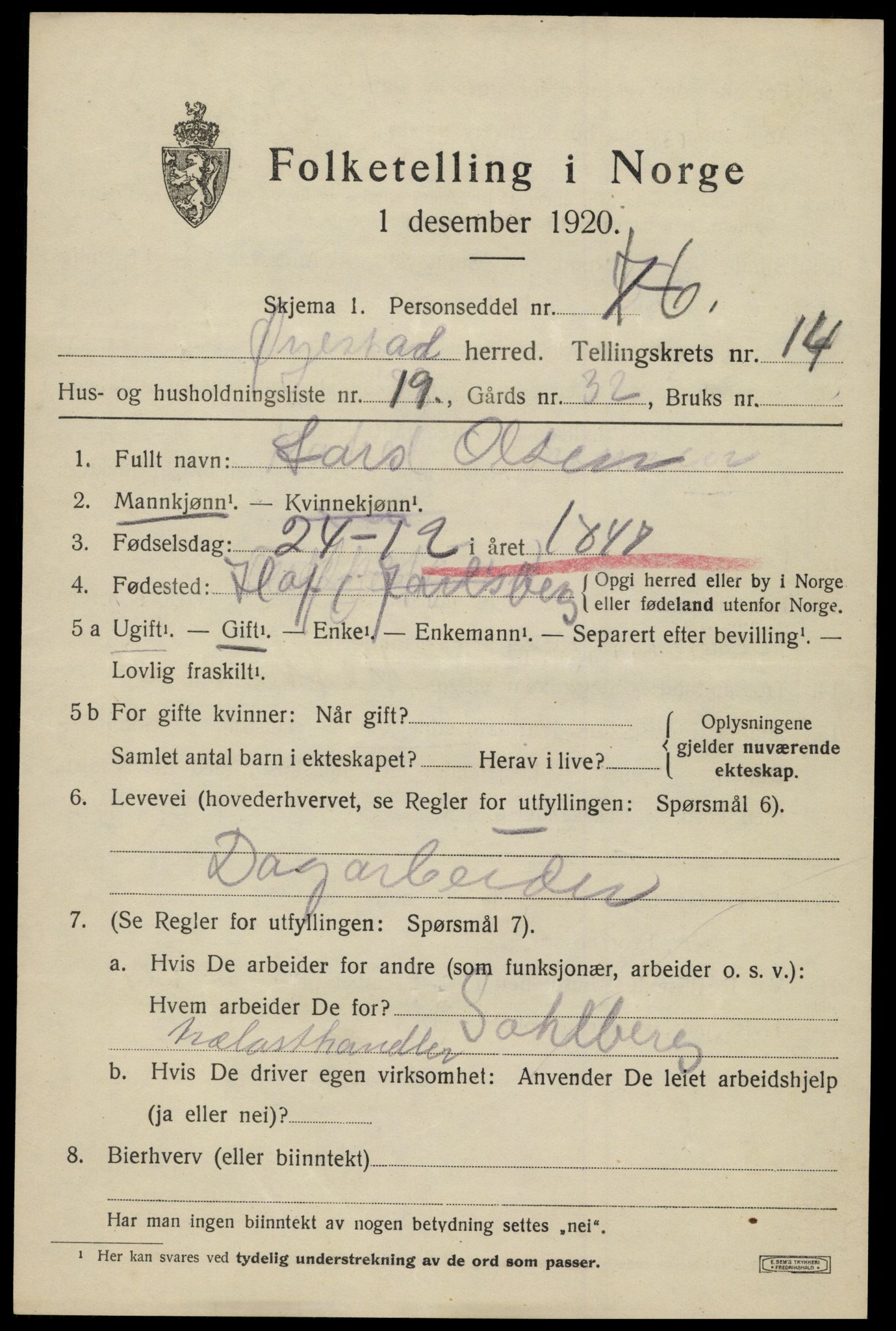 SAK, 1920 census for Øyestad, 1920, p. 9432