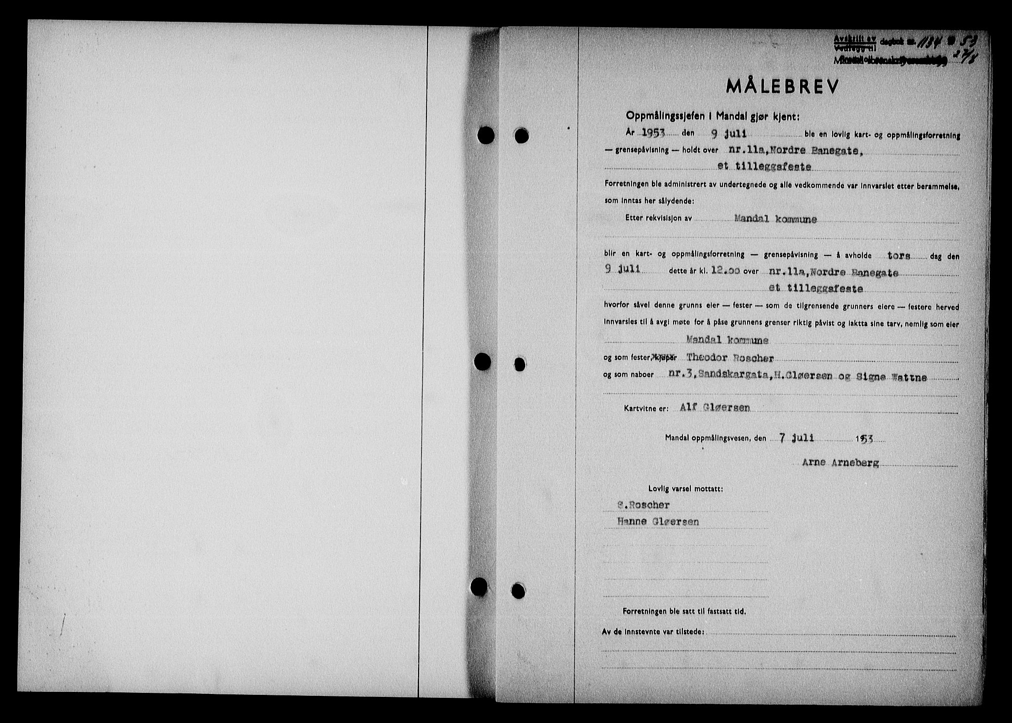 Mandal sorenskriveri, SAK/1221-0005/001/G/Gb/Gba/L0087: Mortgage book no. A-24, 1953-1953, Diary no: : 1134/1953
