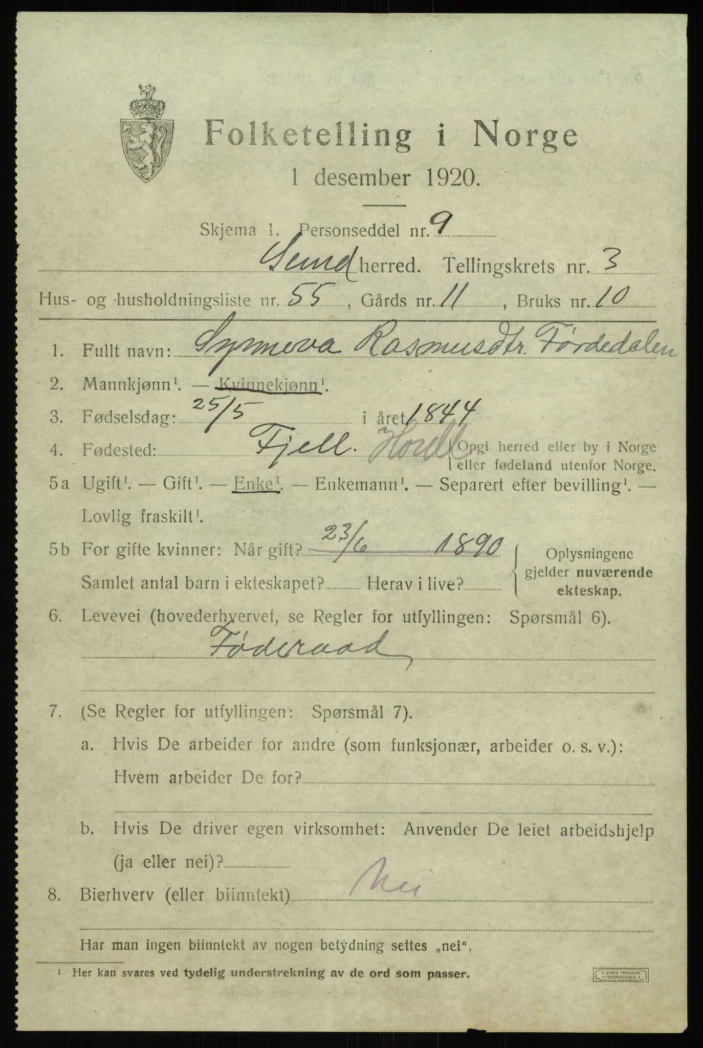 SAB, 1920 census for Sund, 1920, p. 2487