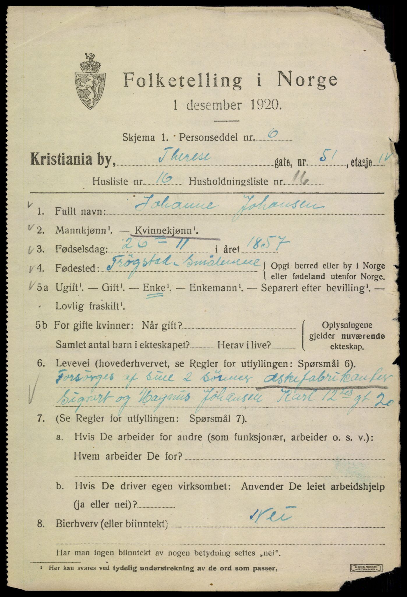 SAO, 1920 census for Kristiania, 1920, p. 570457