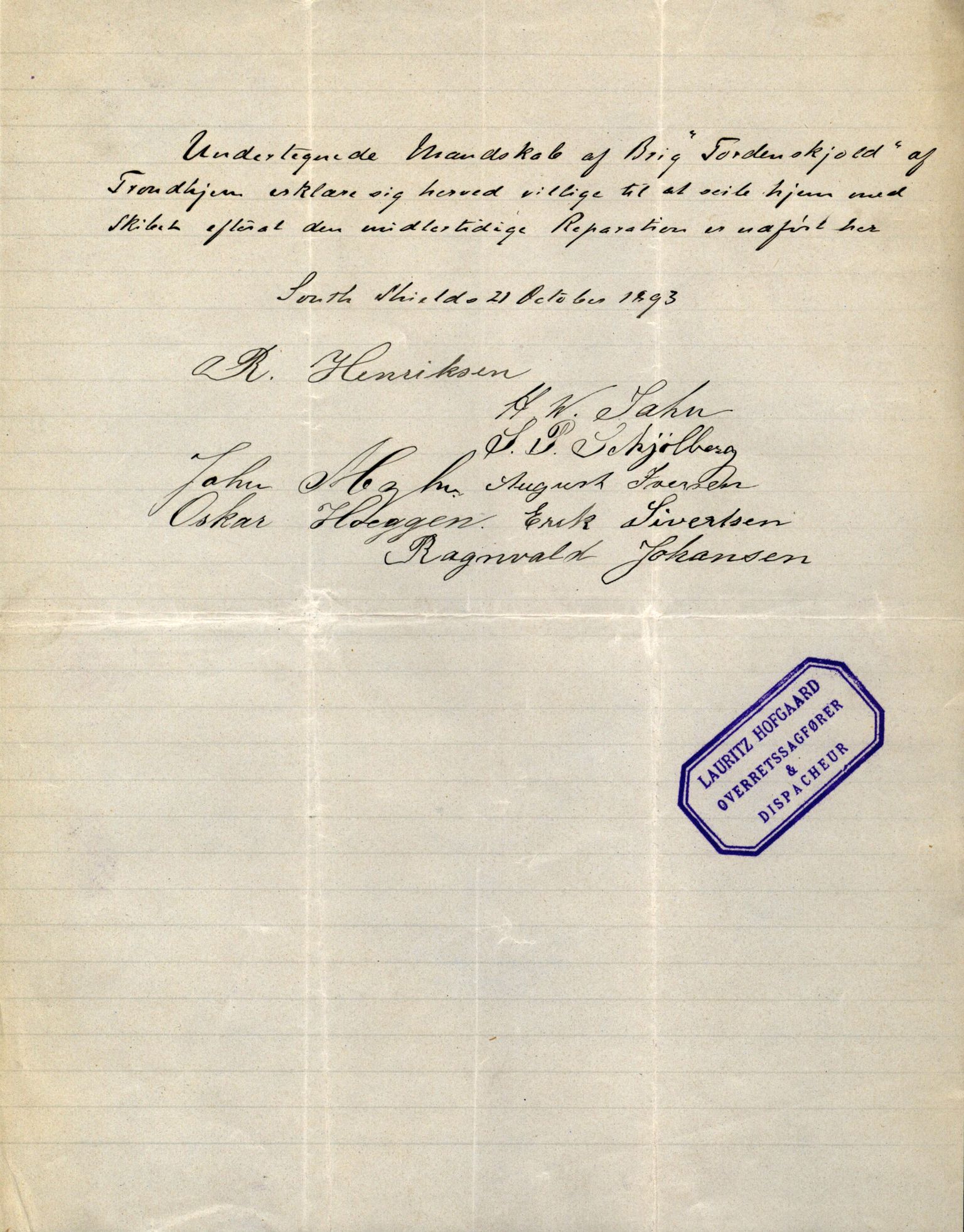 Pa 63 - Østlandske skibsassuranceforening, VEMU/A-1079/G/Ga/L0030/0003: Havaridokumenter / Rex, Salus, Schweigaard, Seladon, Titania, Tordenskjold av Trondhjem, 1893, p. 78