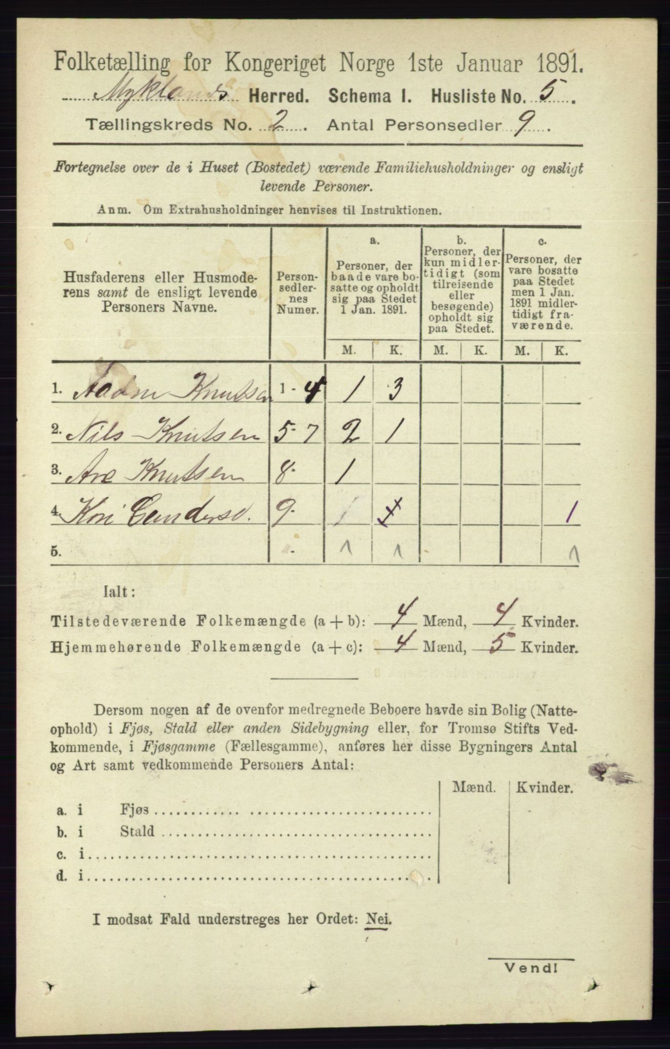 RA, 1891 census for 0932 Mykland, 1891, p. 280