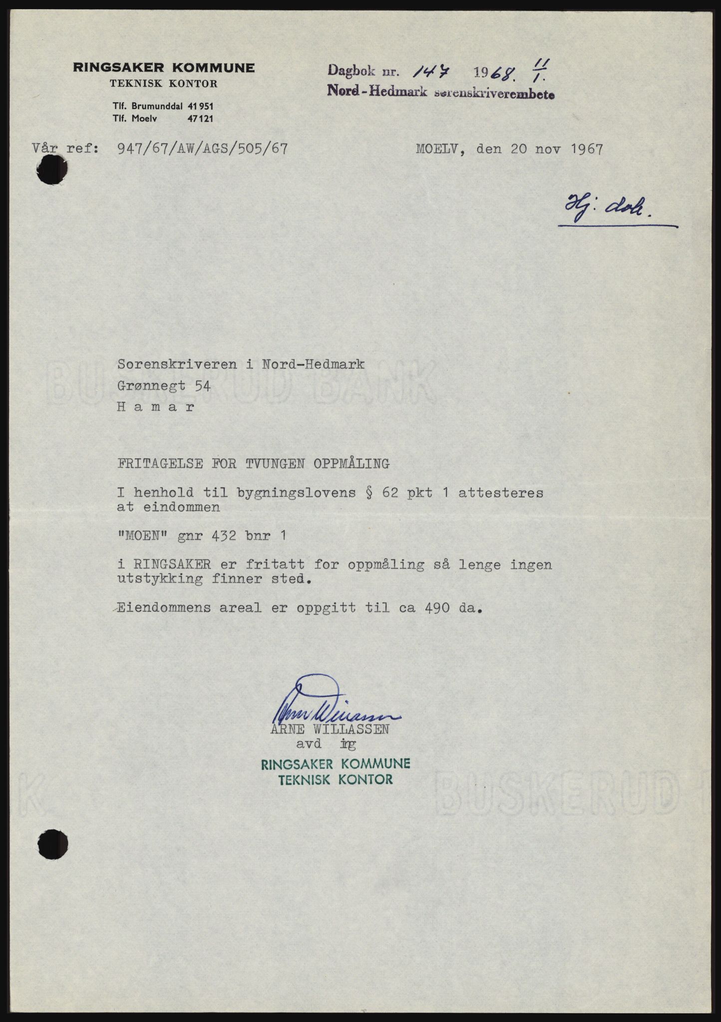 Nord-Hedmark sorenskriveri, SAH/TING-012/H/Hc/L0027: Mortgage book no. 27, 1967-1968, Diary no: : 147/1968