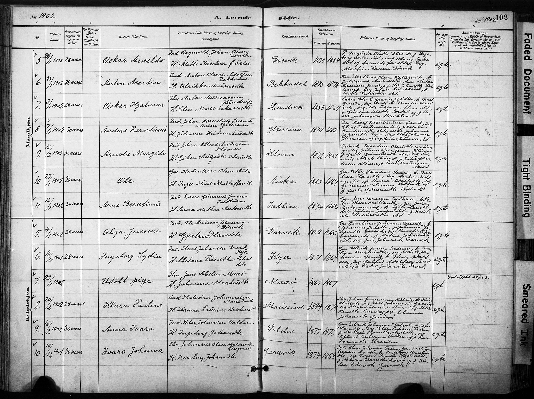 Ministerialprotokoller, klokkerbøker og fødselsregistre - Sør-Trøndelag, SAT/A-1456/640/L0579: Parish register (official) no. 640A04, 1889-1902, p. 102