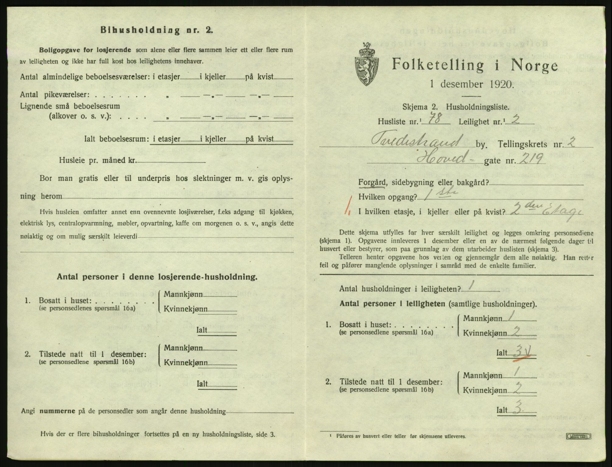 SAK, 1920 census for Tvedestrand, 1920, p. 1147