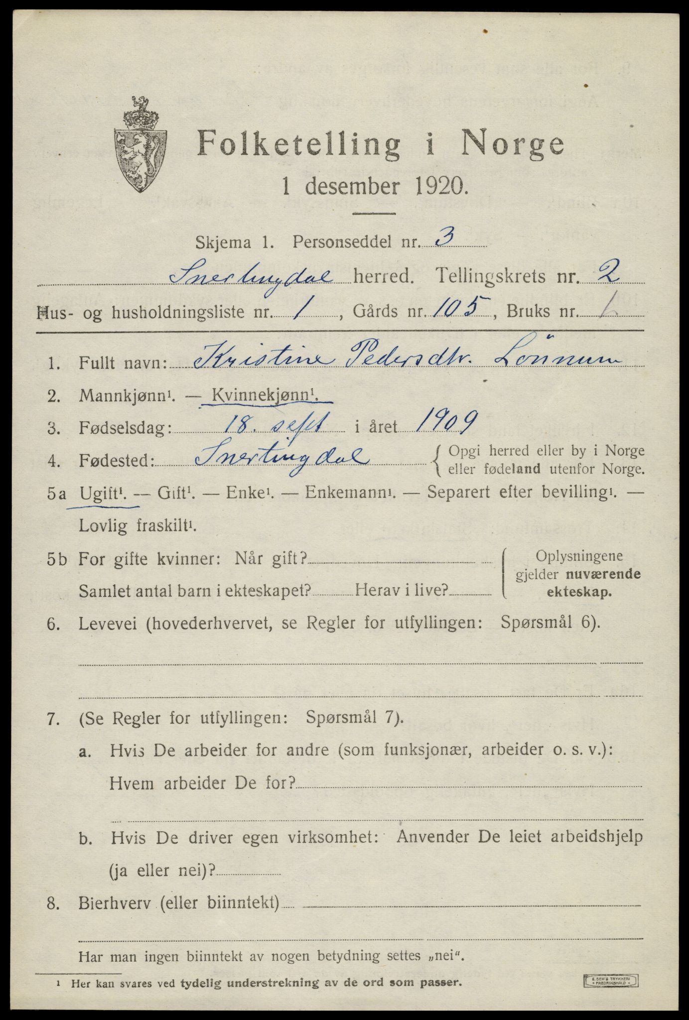 SAH, 1920 census for Snertingdal, 1920, p. 1363