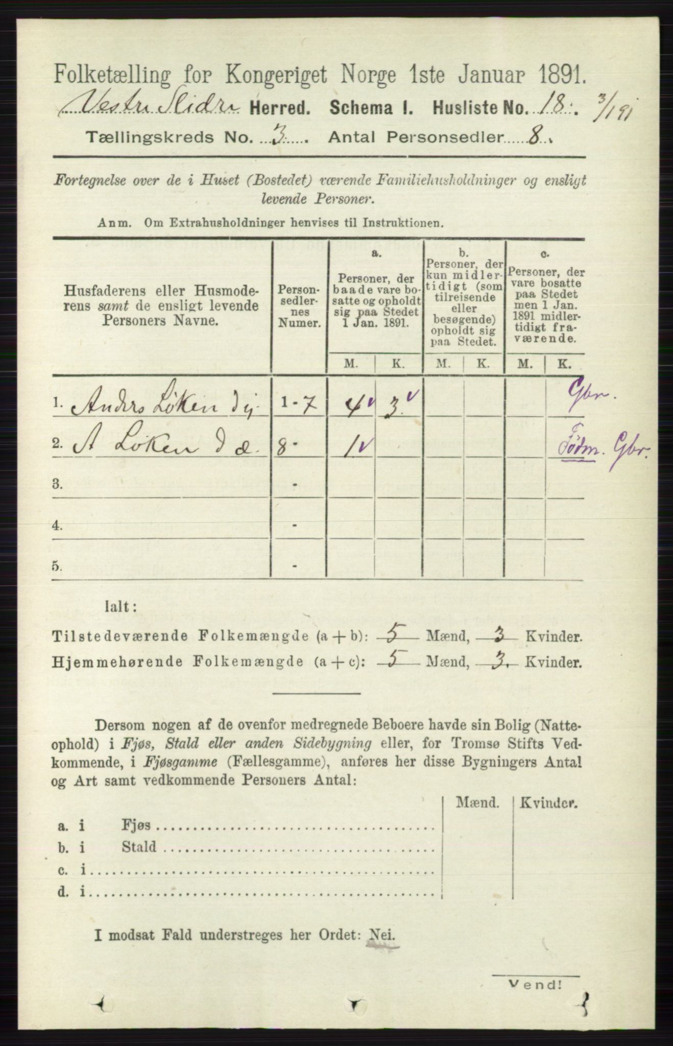 RA, 1891 census for 0543 Vestre Slidre, 1891, p. 781