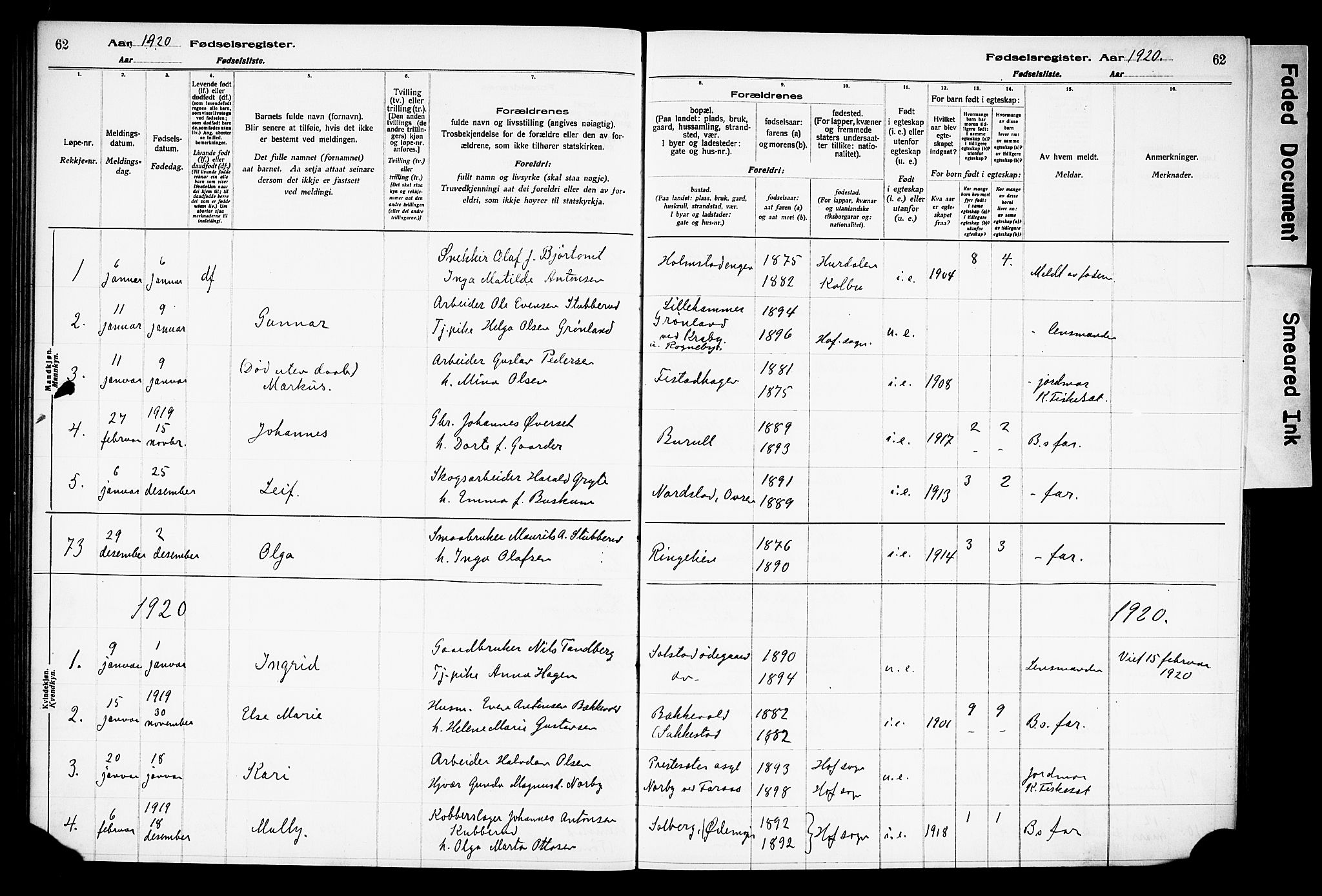 Østre Toten prestekontor, AV/SAH-PREST-104/I/Id/L0001/0001: Birth register no. 1.1, 1916-1928, p. 62