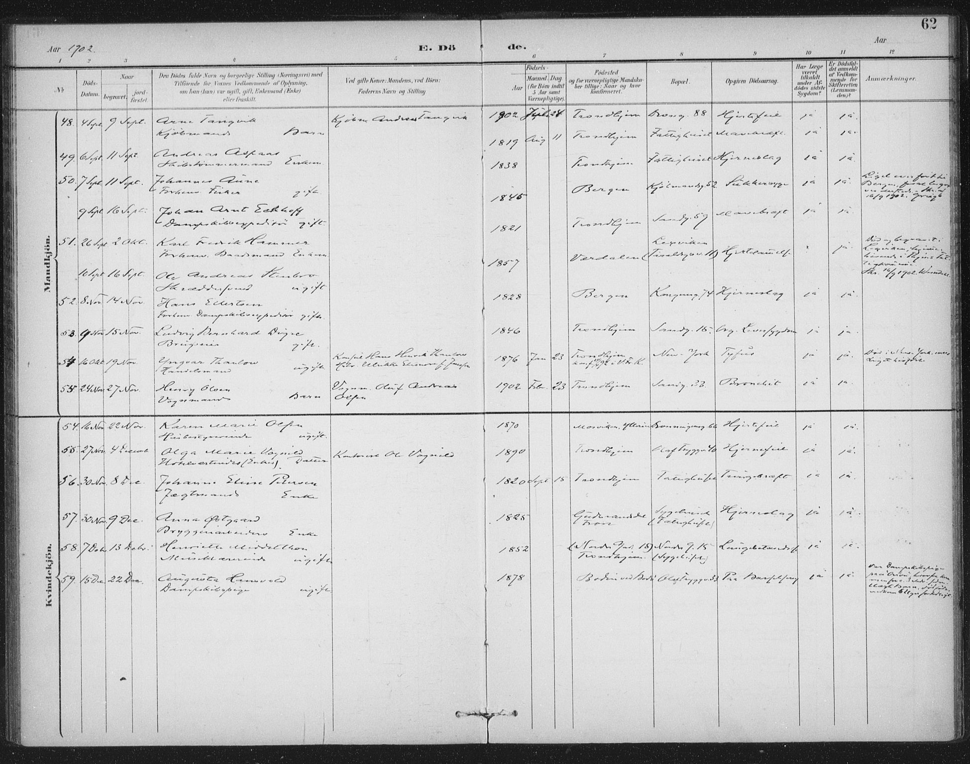 Ministerialprotokoller, klokkerbøker og fødselsregistre - Sør-Trøndelag, SAT/A-1456/602/L0123: Parish register (official) no. 602A21, 1895-1910, p. 62