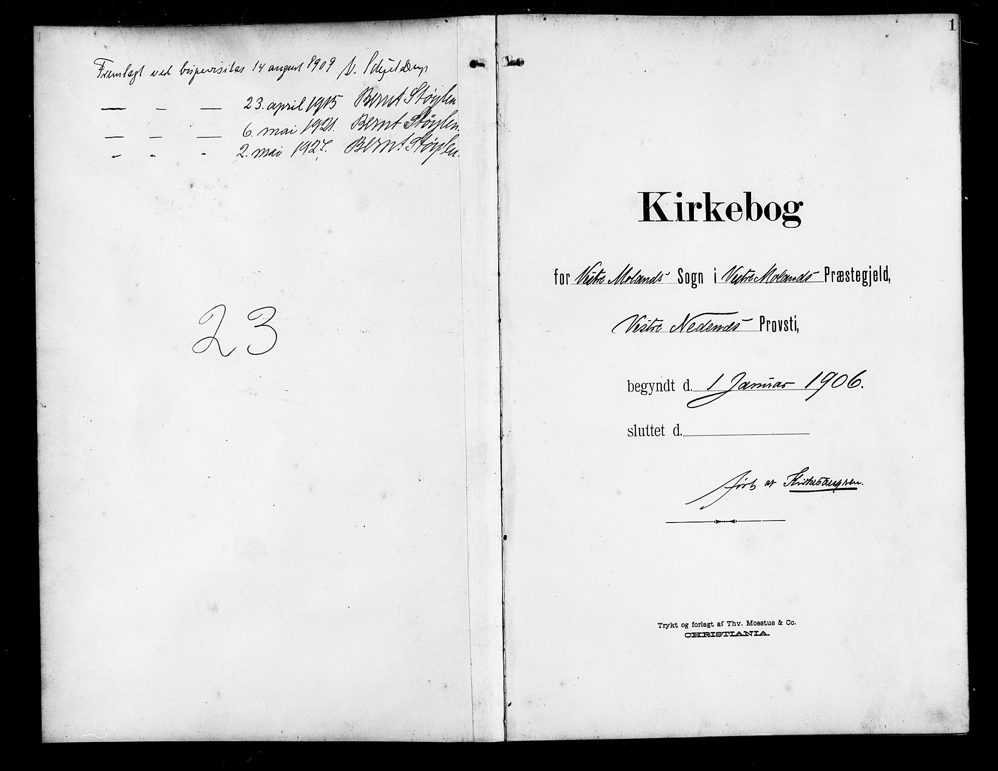 Vestre Moland sokneprestkontor, AV/SAK-1111-0046/F/Fb/Fbb/L0007: Parish register (copy) no. B 7, 1906-1929