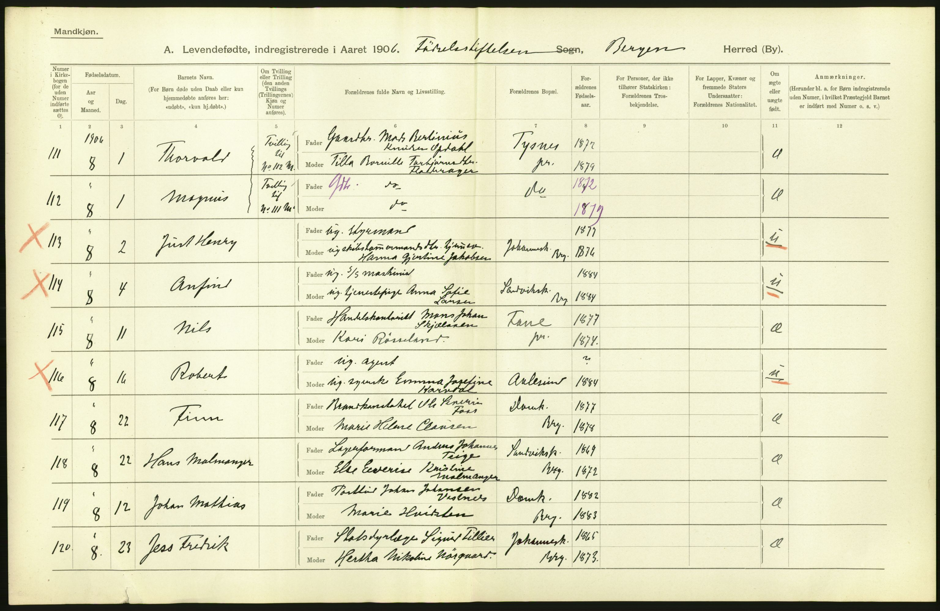 Statistisk sentralbyrå, Sosiodemografiske emner, Befolkning, AV/RA-S-2228/D/Df/Dfa/Dfad/L0031: Bergen: Levendefødte menn og kvinner., 1906, p. 14