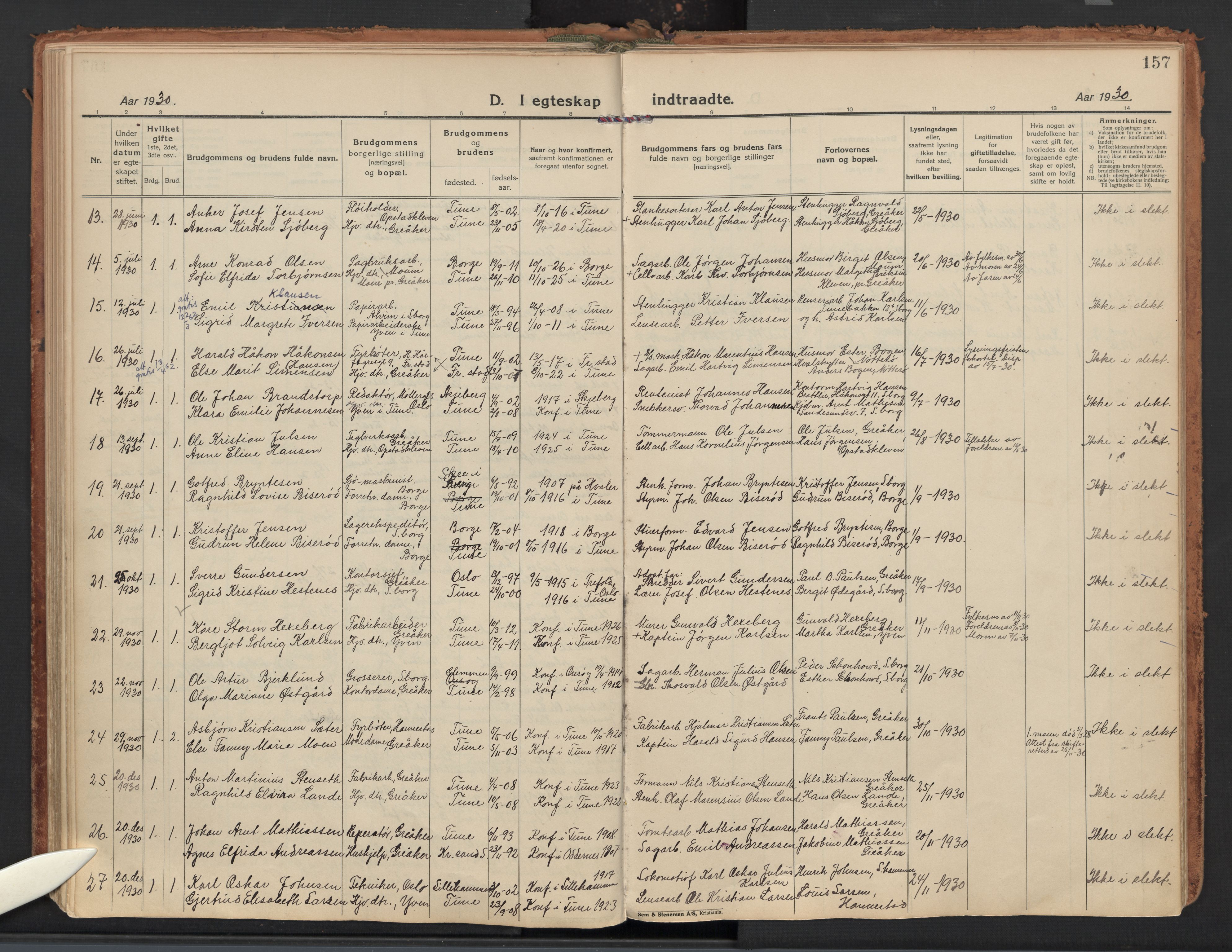 Tune prestekontor Kirkebøker, AV/SAO-A-2007/F/Fb/L0002: Curate's parish register no. 2, 1923-1940, p. 157