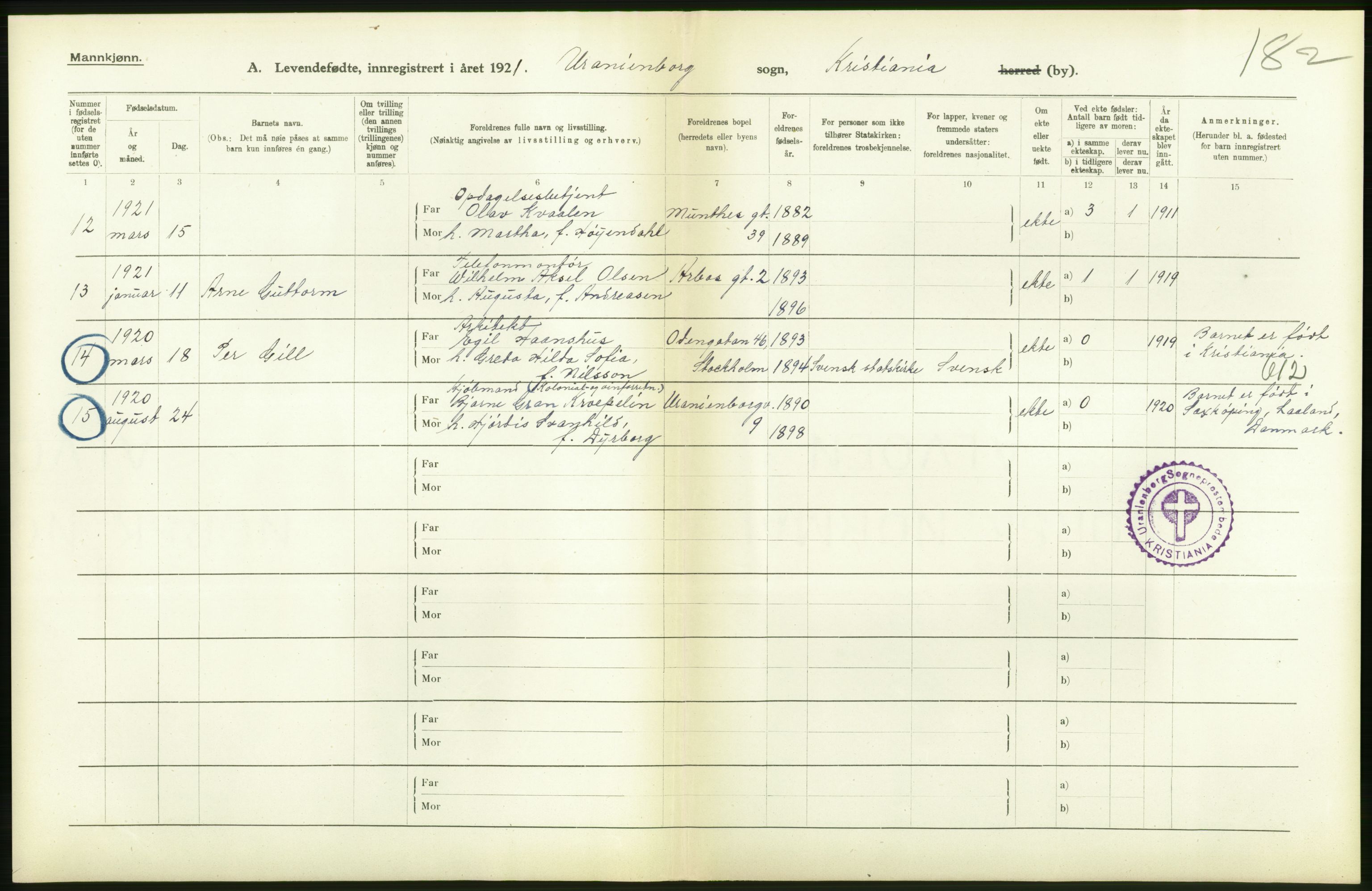 Statistisk sentralbyrå, Sosiodemografiske emner, Befolkning, RA/S-2228/D/Df/Dfc/Dfca/L0010: Kristiania: Levendefødte menn og kvinner., 1921, p. 106