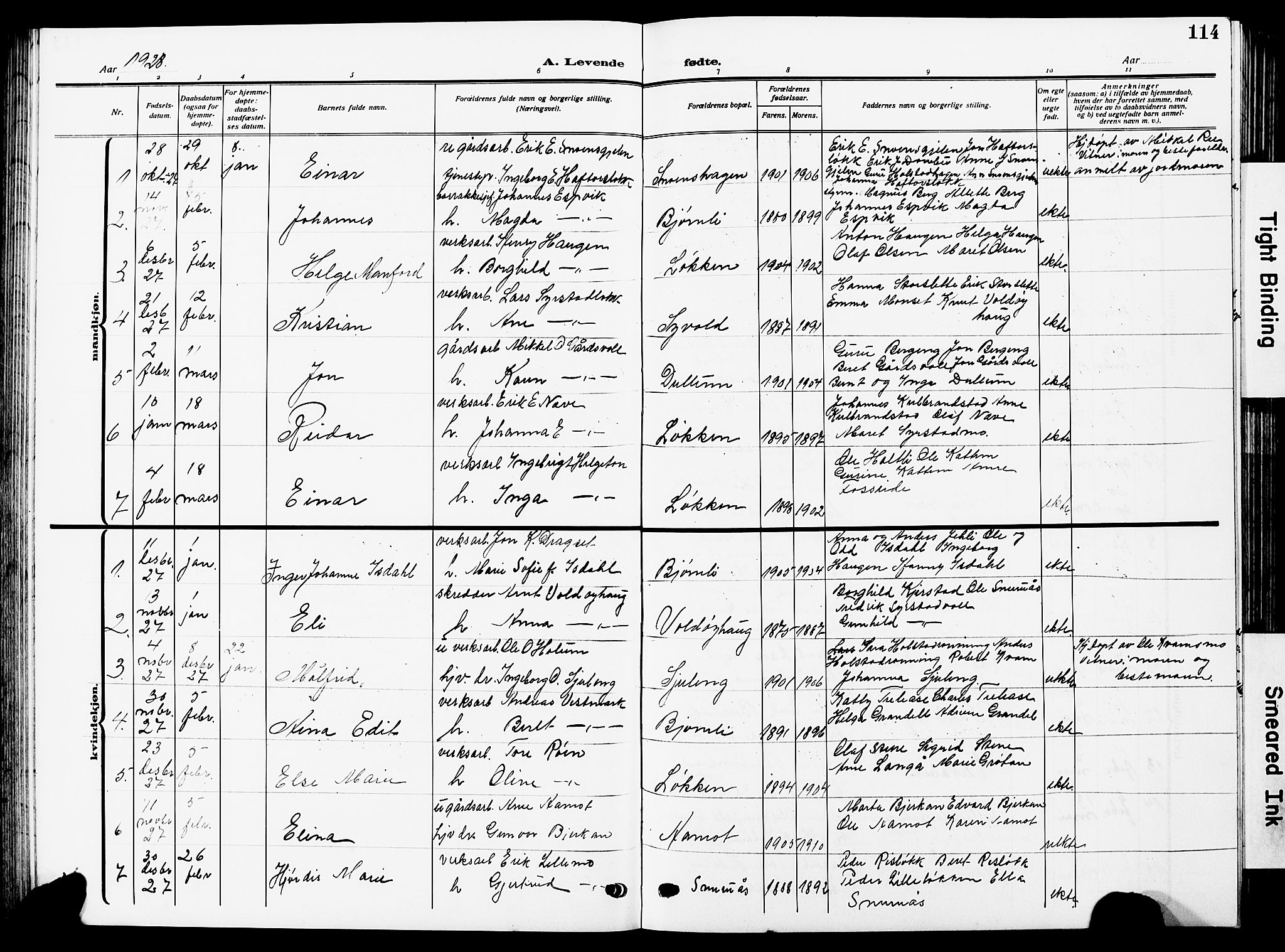 Ministerialprotokoller, klokkerbøker og fødselsregistre - Sør-Trøndelag, SAT/A-1456/672/L0865: Parish register (copy) no. 672C04, 1914-1928, p. 114