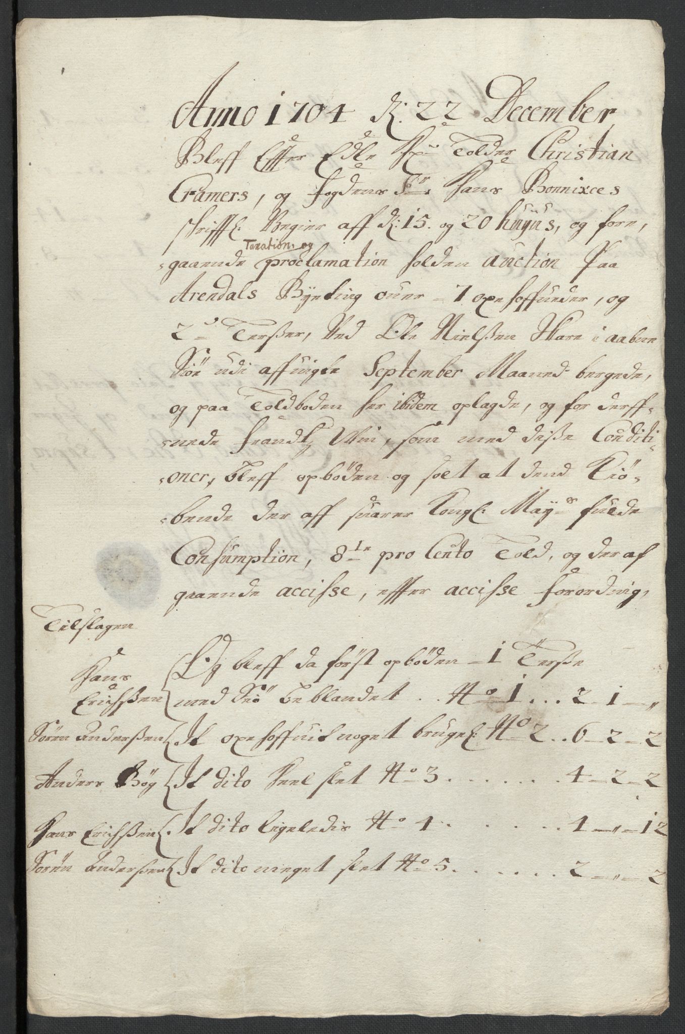 Rentekammeret inntil 1814, Reviderte regnskaper, Fogderegnskap, AV/RA-EA-4092/R39/L2317: Fogderegnskap Nedenes, 1704-1705, p. 39