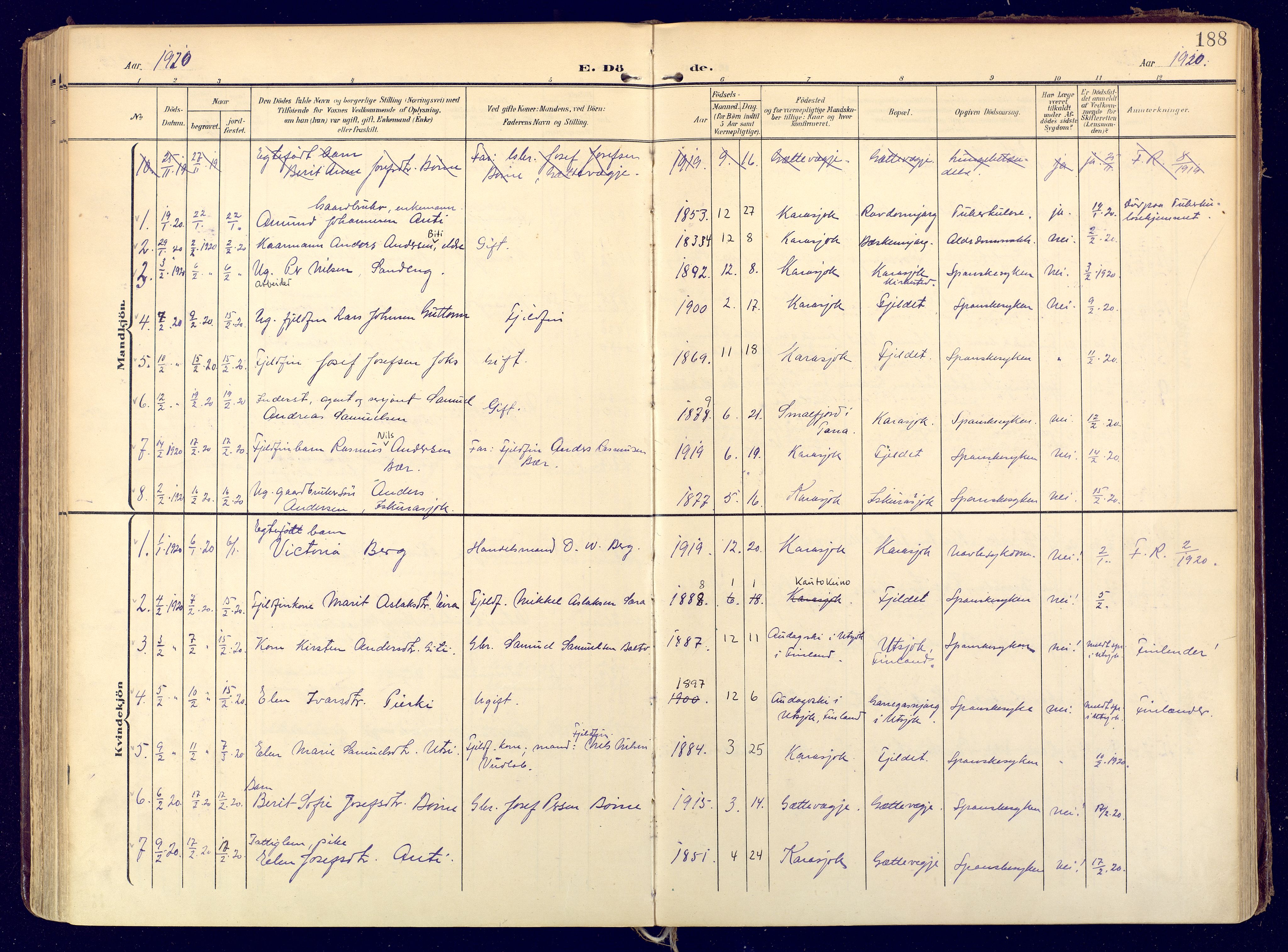 Karasjok sokneprestkontor, SATØ/S-1352/H/Ha: Parish register (official) no. 3, 1907-1926, p. 188