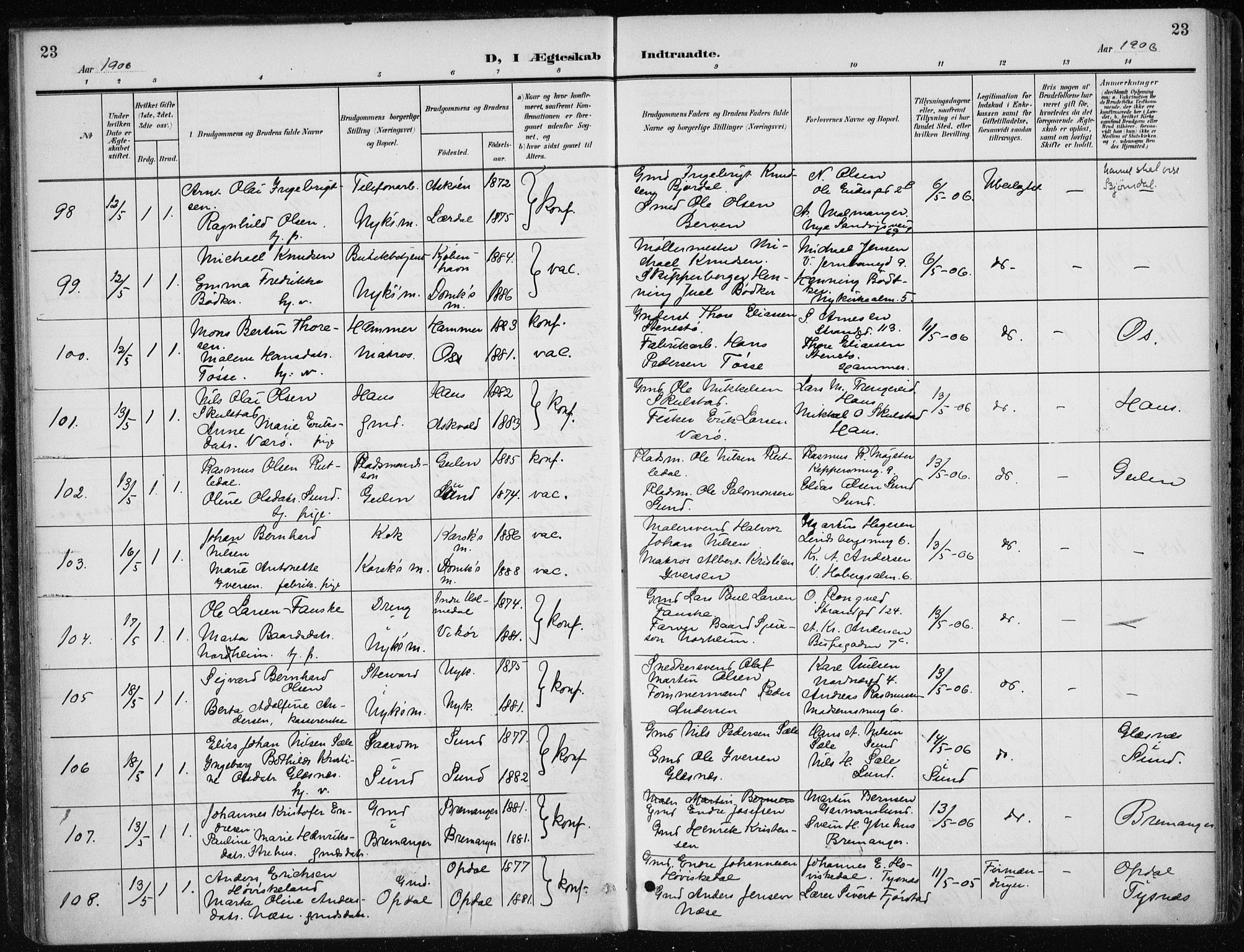 Nykirken Sokneprestembete, AV/SAB-A-77101/H/Haa/L0035: Parish register (official) no. D 5, 1905-1913, p. 23